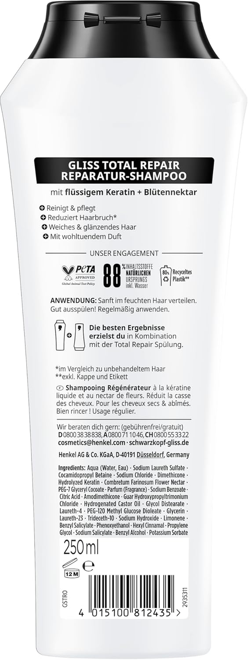 Gliss Shampoo Total Repair (250 Ml), Hair Shampoo Smooths the Hair Surface and Provides Effective Repair, Nourishing Shampoo Ensures up to 85% Less Hair Breakage image number 1