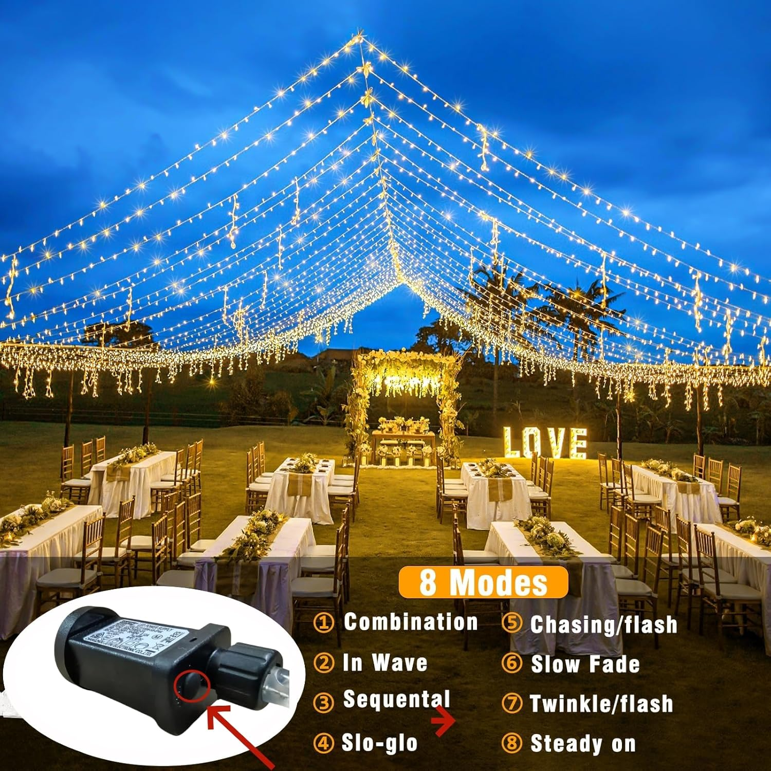 20M/200 LED Warm White Fairy Lights Christmas String Lights Indoor Outdoor Waterproof, SAA Approved 31V Adapter 8 Lighting Modes, for outside Tree Bedroom Wedding Party Ceiling Home Decorations