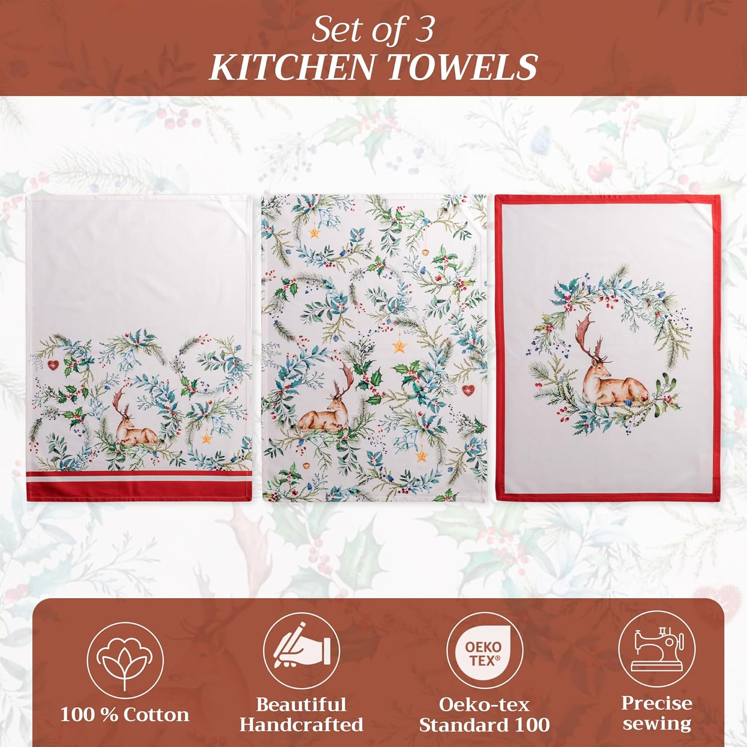Maison D'Hermine Kitchen Towels Set of 3 100% Cotton 27.50" X 20" Reusable Cloth Tea Dish Towels Absorbent with Hanging Loop for Kitchen, Home, Dining, Cocktail Parties (Holly Time) image number 3