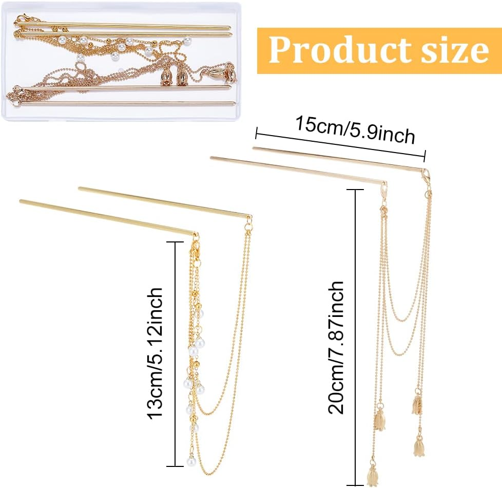 WEBBEDY 2-Style Chinese Double Chain Hair Chopsticks Vintage Tassel Hair Sticks Hanfu Chignon Hairpins Hair Accessories for Long Hair image number 1