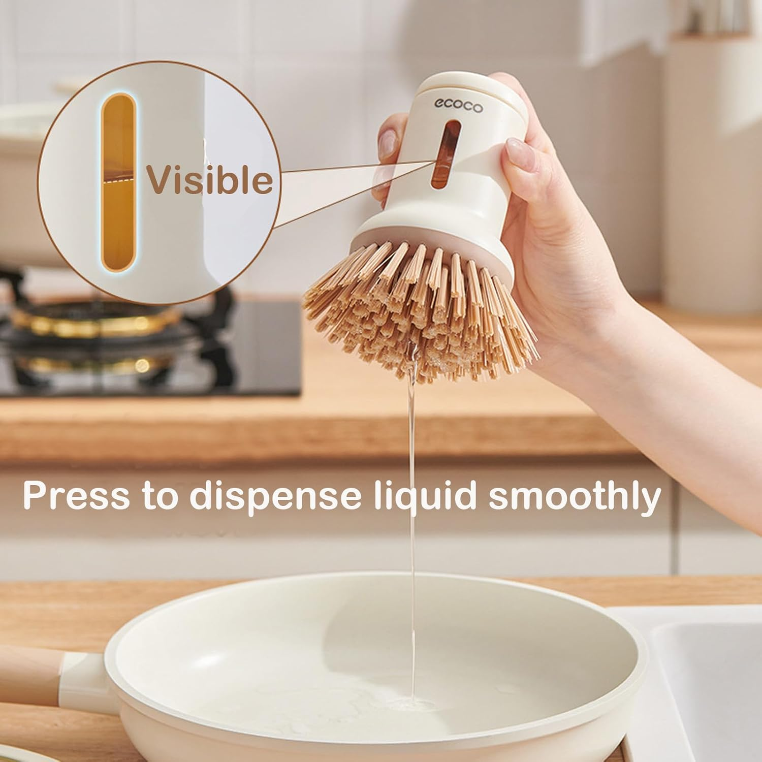 Catchu Cleaning Brush Short Handle Dish Brush with Built-In Soap Dispenser, Heavy-Duty Pot and Pan Scrubber for Kitchen Cleaning -Brown image number 5