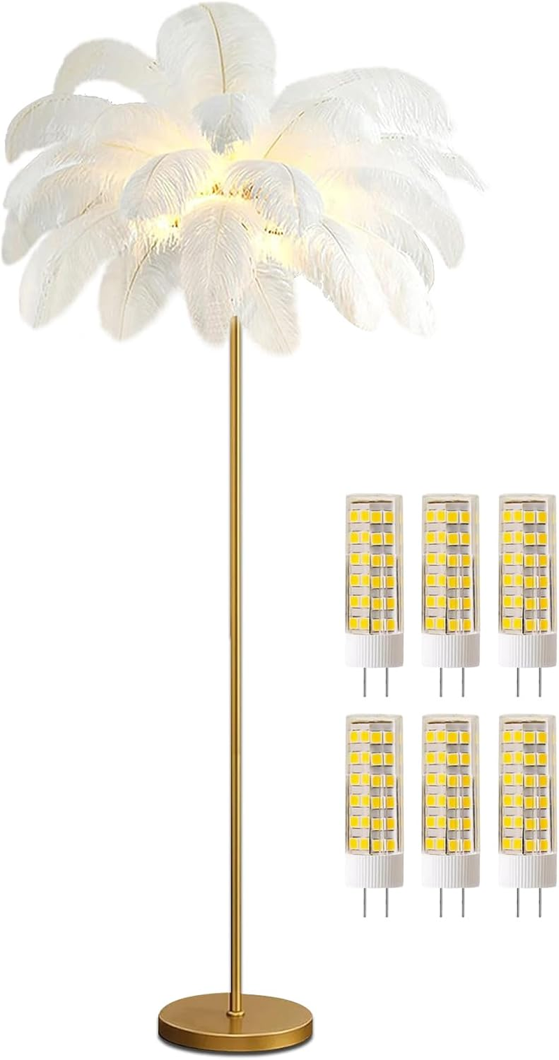 Anram Ostrich Feather Floor Lamp,Feather Standing Lamp Dimmable G4-LED Bulb Golden Lamp Body for Living Room Bedroom 160Cm Tall Reading Light