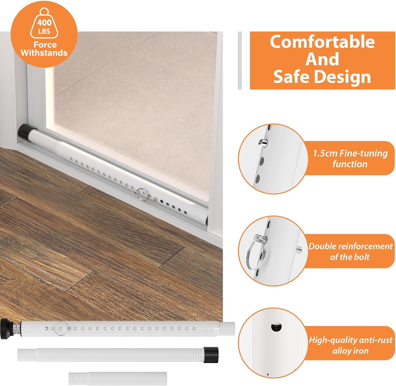 Bsbsbest Window Security Bars inside Adjustable 18 to 51 Inch Sliding Door Security Bar Interior White 1 Pack Window Locks Security up and down Window Bars Security Extendable - 2, Black image number 4