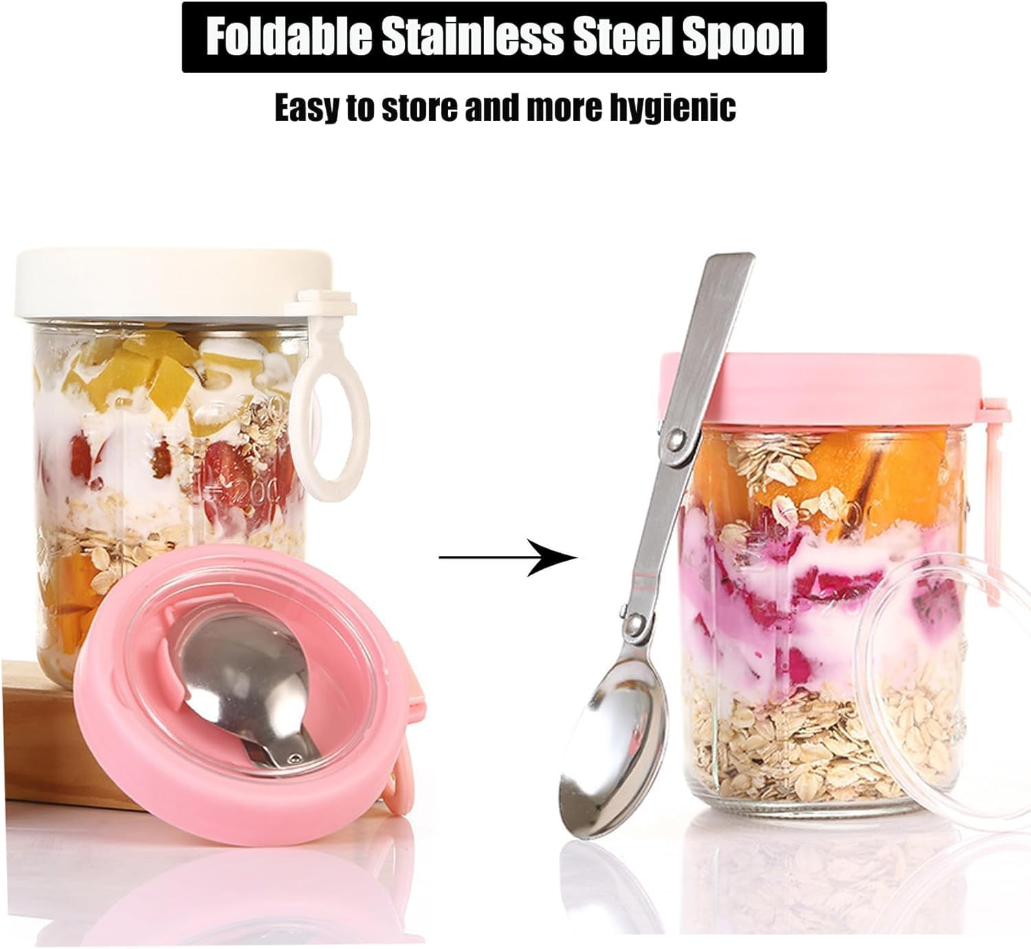 6 Pack Overnight Oats Jars, Overnight Oats Container with Lid and Spoon, 12Oz Mason Jars with Lid for Cereal with Measurement Marks, Glass Airtight Oatmeal on the Go image number 3