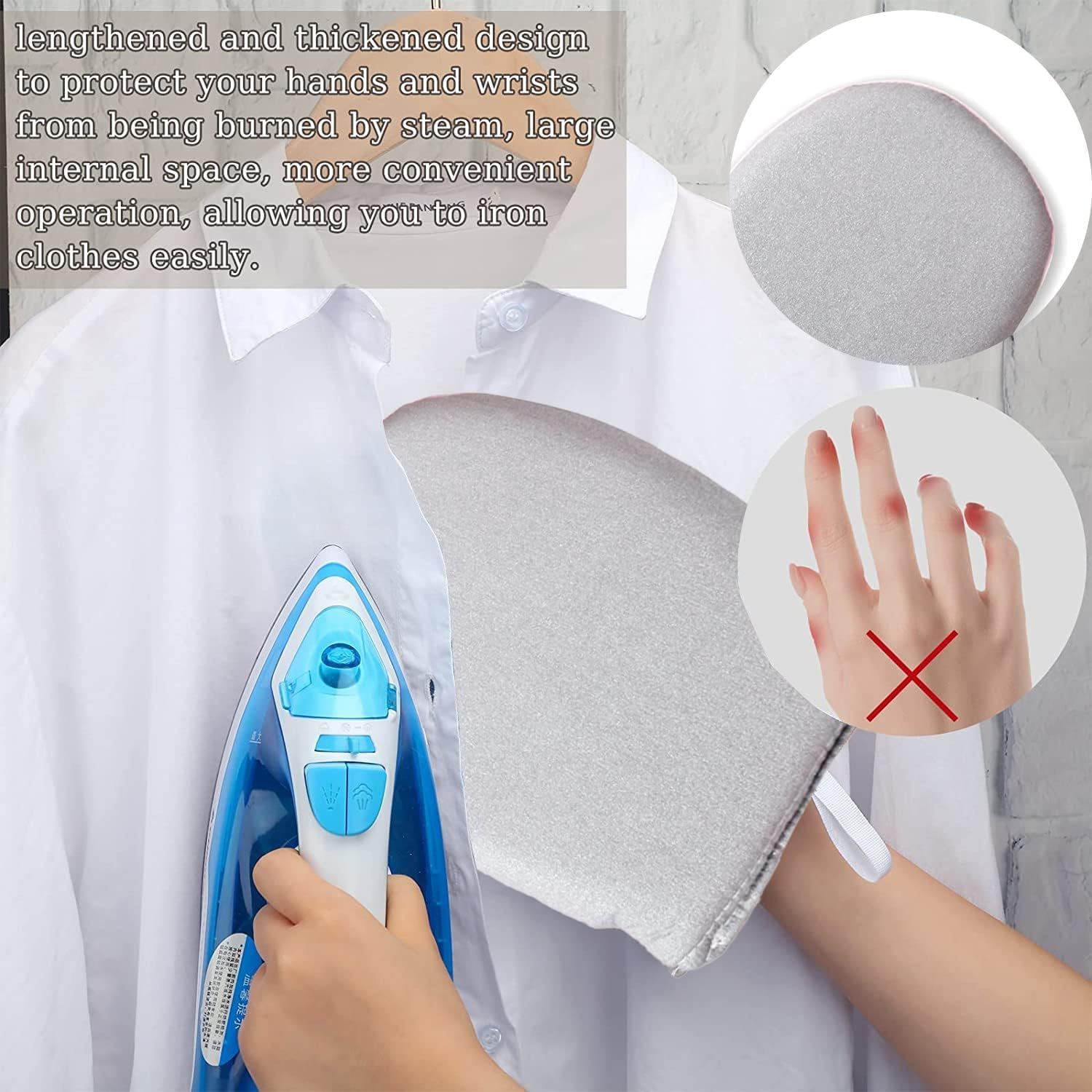JZS Garment Steamer Ironing Glove, Waterproof Mini Ironing Board with Finger Loop Garment Steamer Accessories Mitt Heat Resistant Gloves for Clothes Steamers,Round,Grey,2 Set image number 4