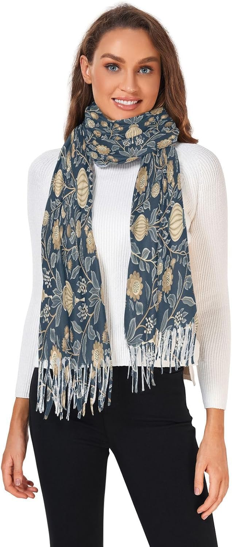 Trendy Cashmere Feel Scarf Winter Accessories for Women William Morris Style Rustic Ethnic Floral Dark Blue Bufandas Y Chales Para Mujer