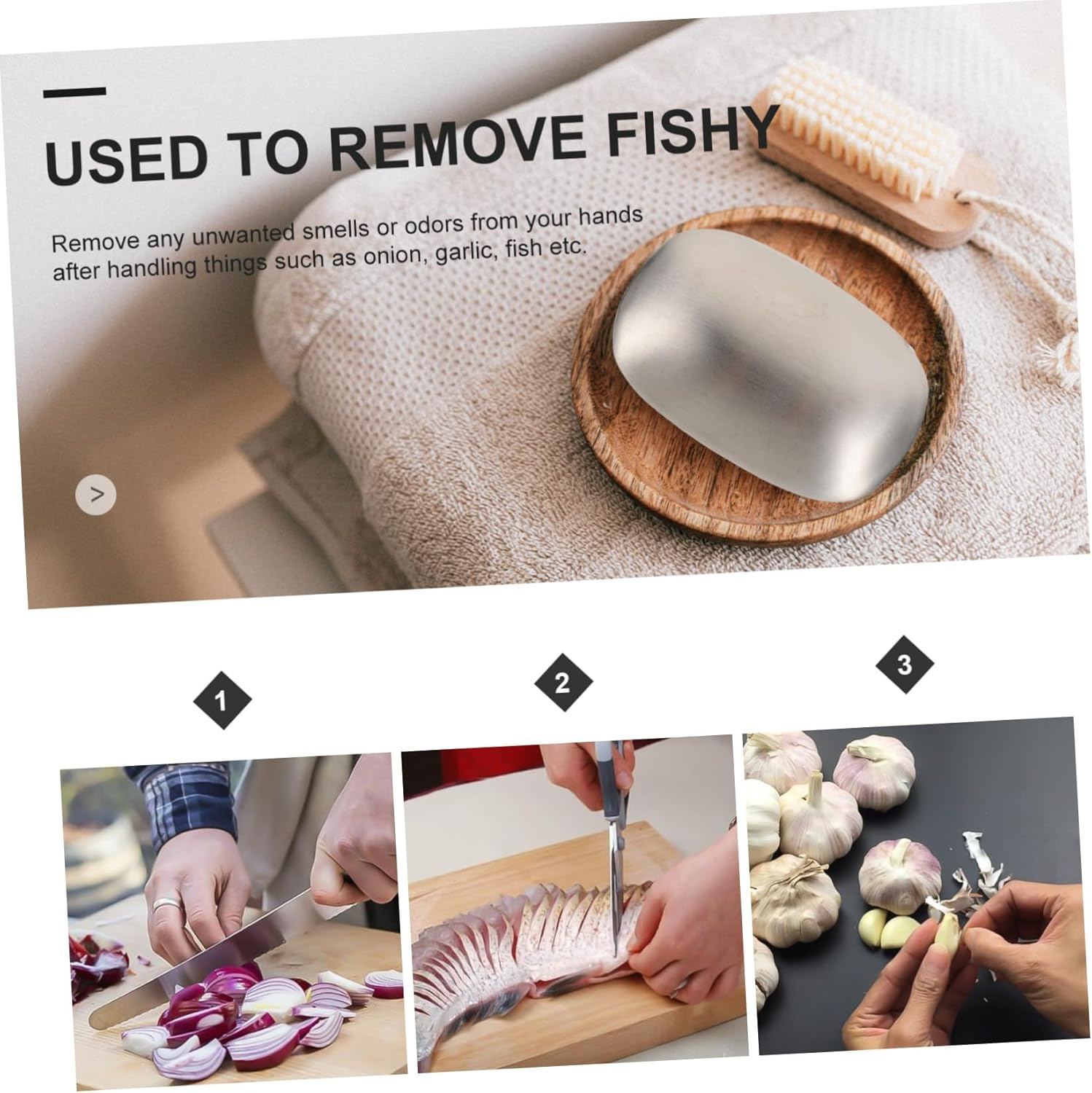 Stainless Steel Odor Remover Soap Bar - Square Tool for Fish Garlic & Onion Smell Elimination - Kitchen & Hand Cleaner image number 6