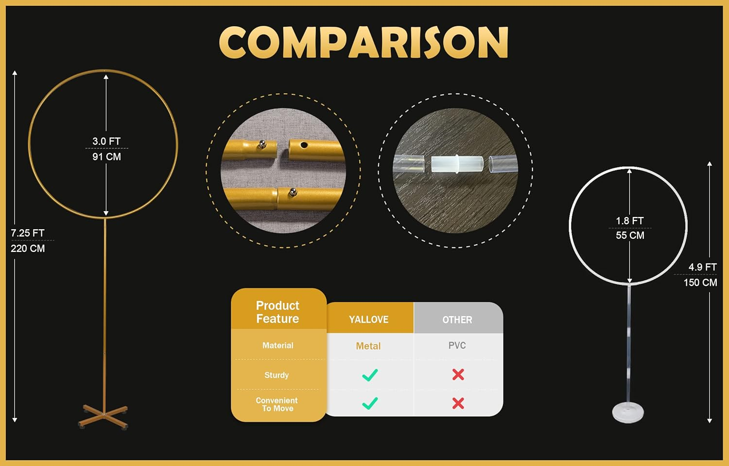 YALLOVE Metal round Balloon Column, 2.2 M Height Gold Hoop Arch Stand, Balloon Circle Frame Backdrop of Height Adjustable, Decoration for Birthday, Baby Shower, Anniversary, Wedding image number 4