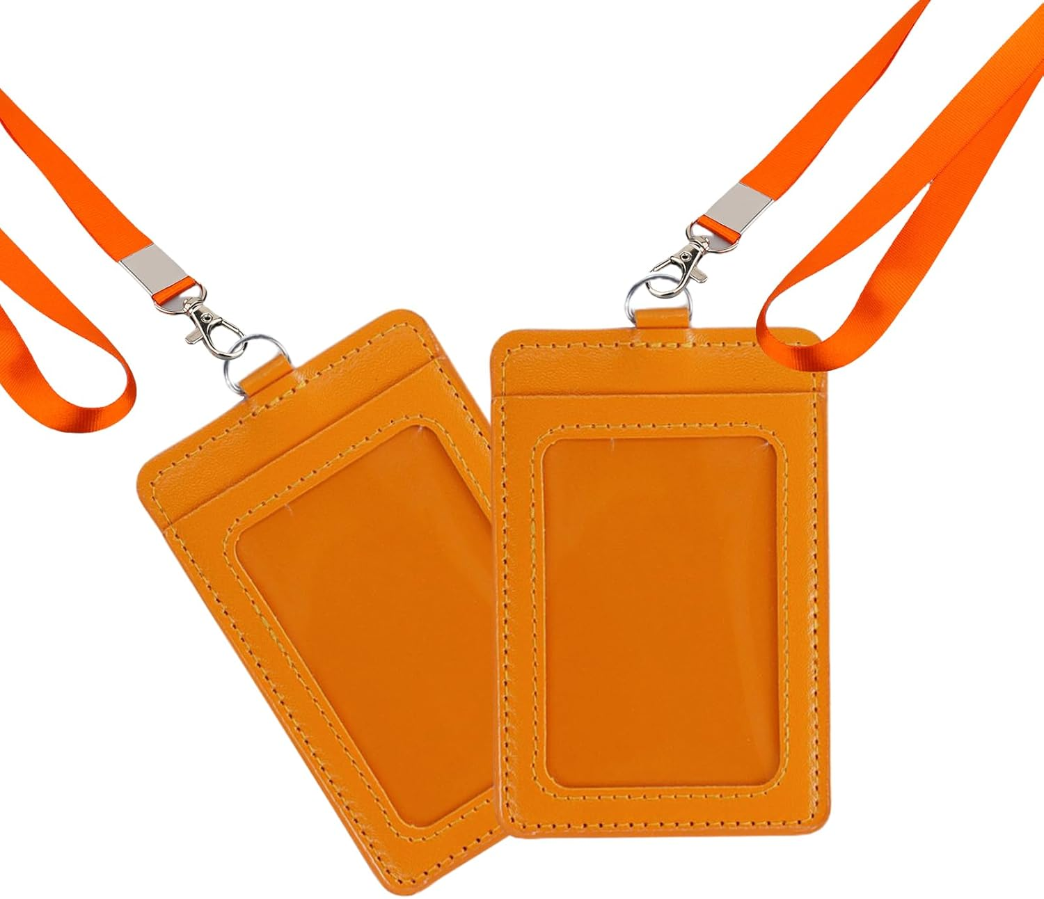 ZGWANSUI 2 Pack Vertical PU Leather ID Badge Card Holder with Lanyard & 2 Card Slot, Clear Window Name Badge Holder Case for Access Card, Business Credit Card, School Work ID, Name Tags (Orange)
