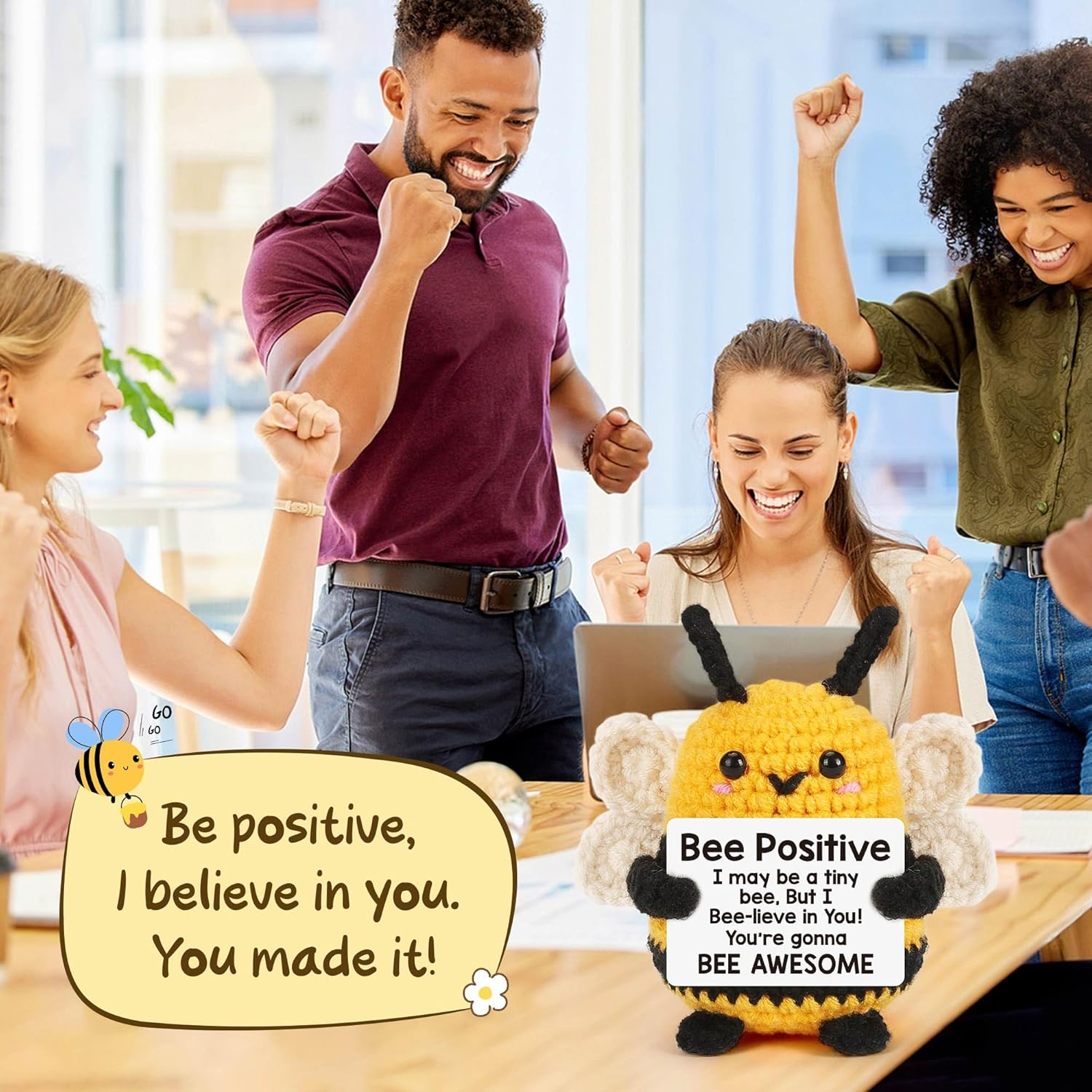 Emotional Crochet Positive Bee Gifts for Coworker Suppport Teacher Appreciation Inspirational Cheer up Unique Christmas Stocking for Grandma Moms Mothers Day Birthday Valentines Friend Sister Mini Bee - Yellow image number 7