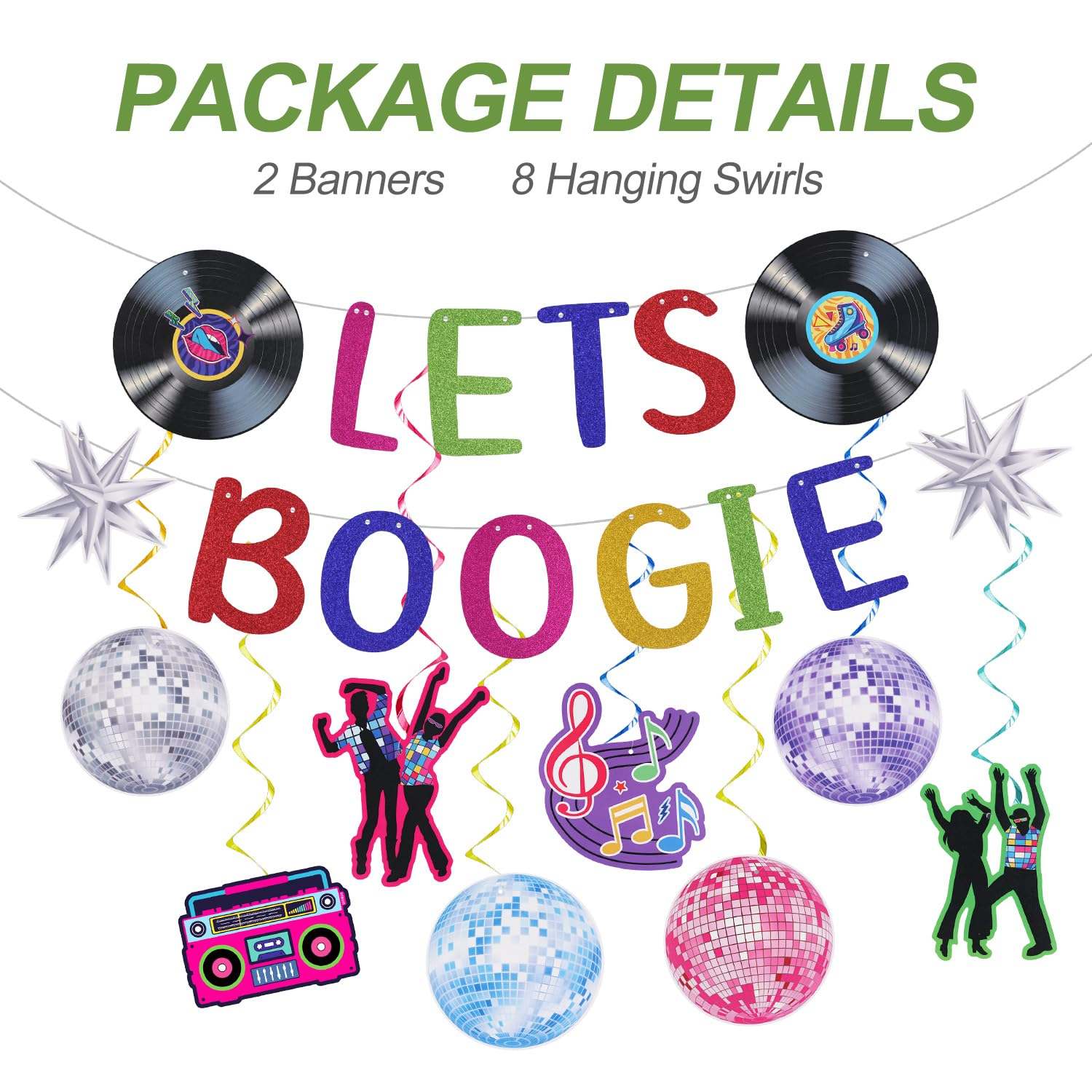 70S Theme Party Decorations, 2 Banner and 8 Hanging Swirls Lets Boogie Banner Disco Themed Party Decorations for 60S/70S/80S/90S Disco Birthday Party image number 3