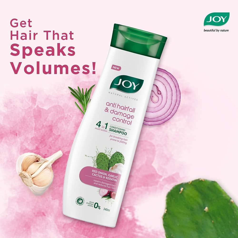 Joy Natural Actives anti Hairfall & Damage Control 4-In-1 Multi Action Conditioning Shampoo with Hydrolysed Keratin, Cactus, Red Onion & Garlic Extracts | anti Hair Fall Shampoo, Paraben Free | 340 Ml image number 5