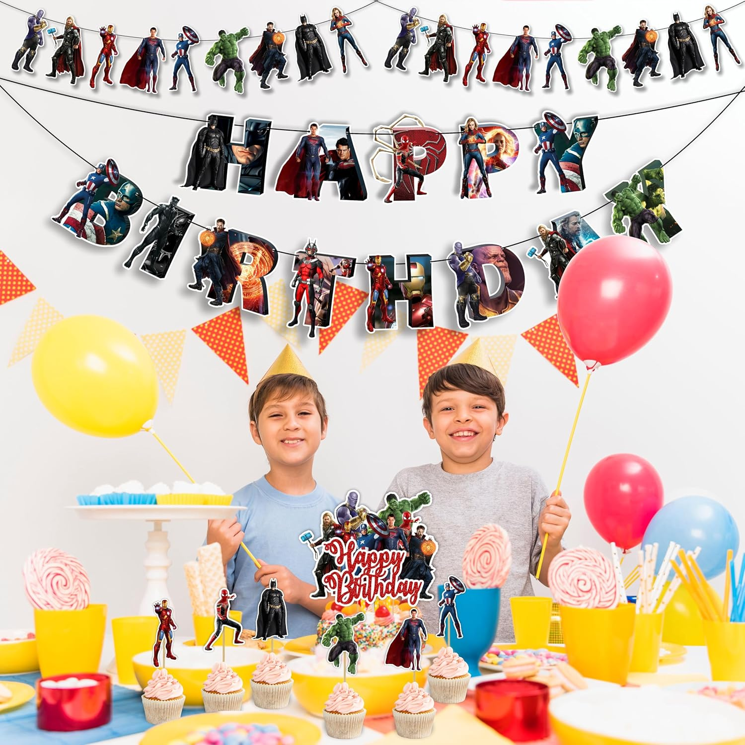 Superhero Theme Birthday Party Decoration Kit &ndash; Includes Happy Birthday Banner, Comic-Style Garland, Masks, Balloons, Table Props & Wall D&eacute;cor &ndash; Perfect&rsquo; Celebrations image number 5