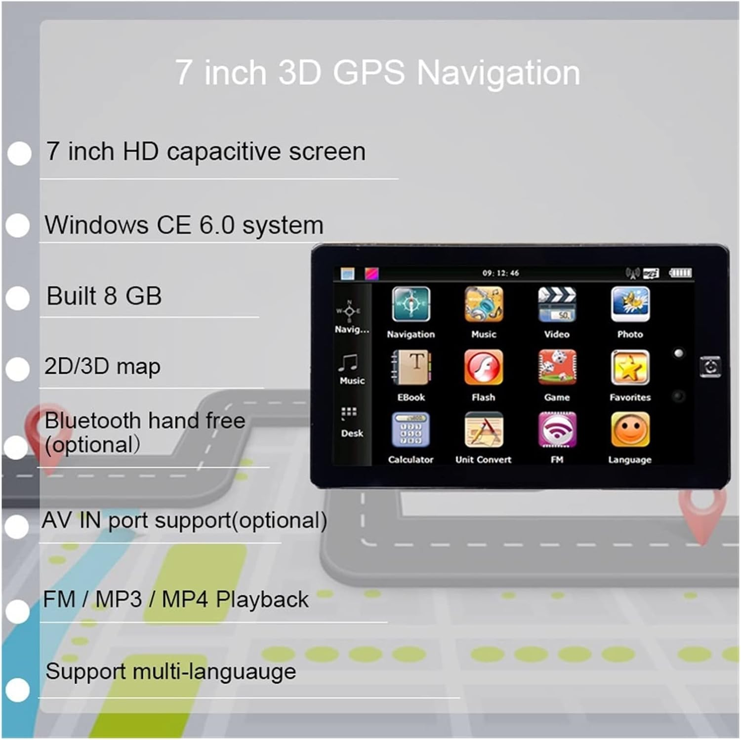 GPS Car Navigator, 7 Inch Capacitive Screen GPS Truck Bluetooth GPS Navigation 256M 8GB FM CE 6.0 Vehicle Car Navigator Support Wired Camera for Car Truck Rv(With Wired Camera) image number 5