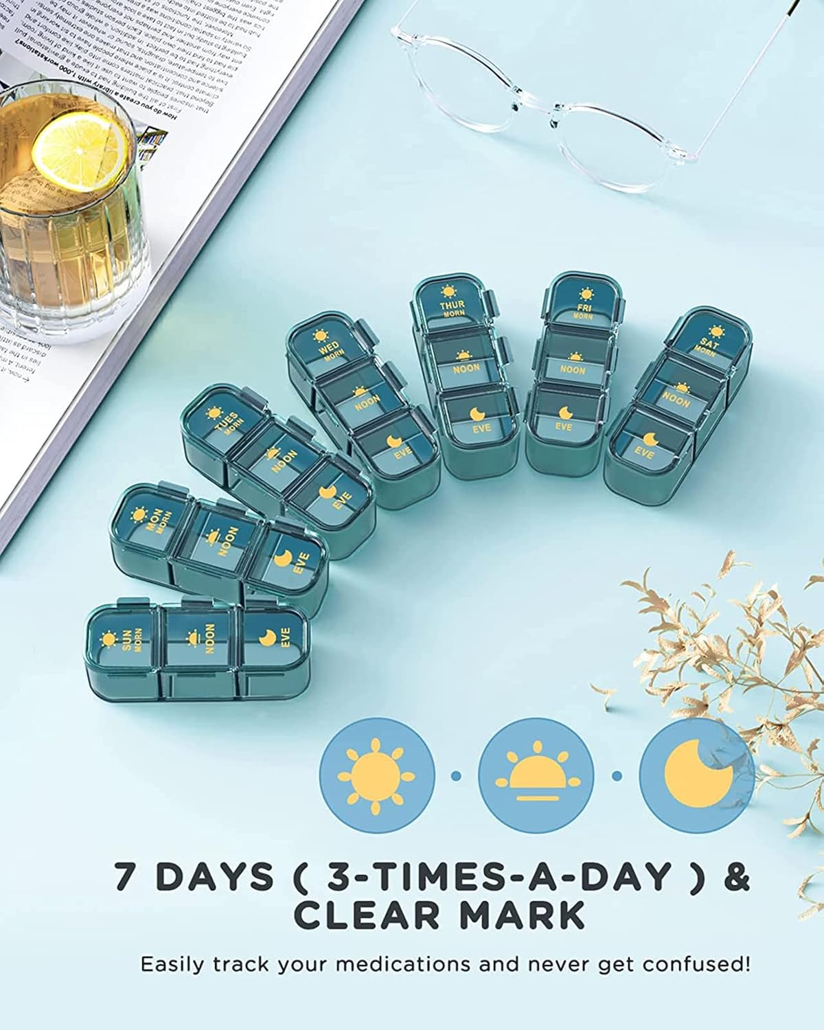 Weekly Pill Organizer, 3-Times-A-Day Pill Container 7 Day Vitamin Pill Box Portable Travel Medicine Box with 7 Daily Container, Medicine Dispenser Case for Vitamins, Fish Oils, Supplements - Blue image number 6