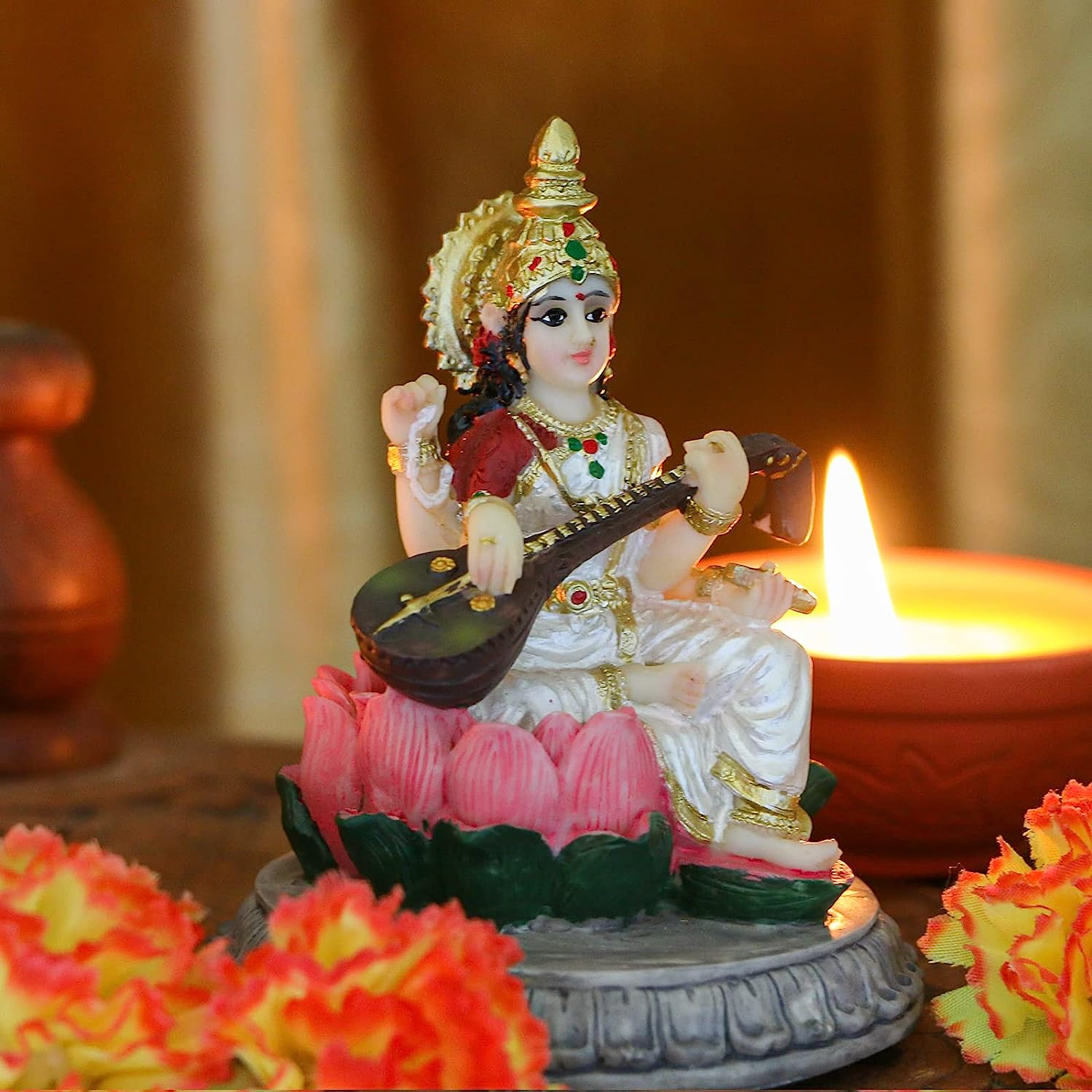 Alikiki Small India Idol Sarawati Statue - 3.9&rdquo;H Hindu Goddess Saraswati Figurine for Car Dashboard Decor Indian Home Office Temple Mandir Pooja Item Diwali Festival Puja Gift image number 5