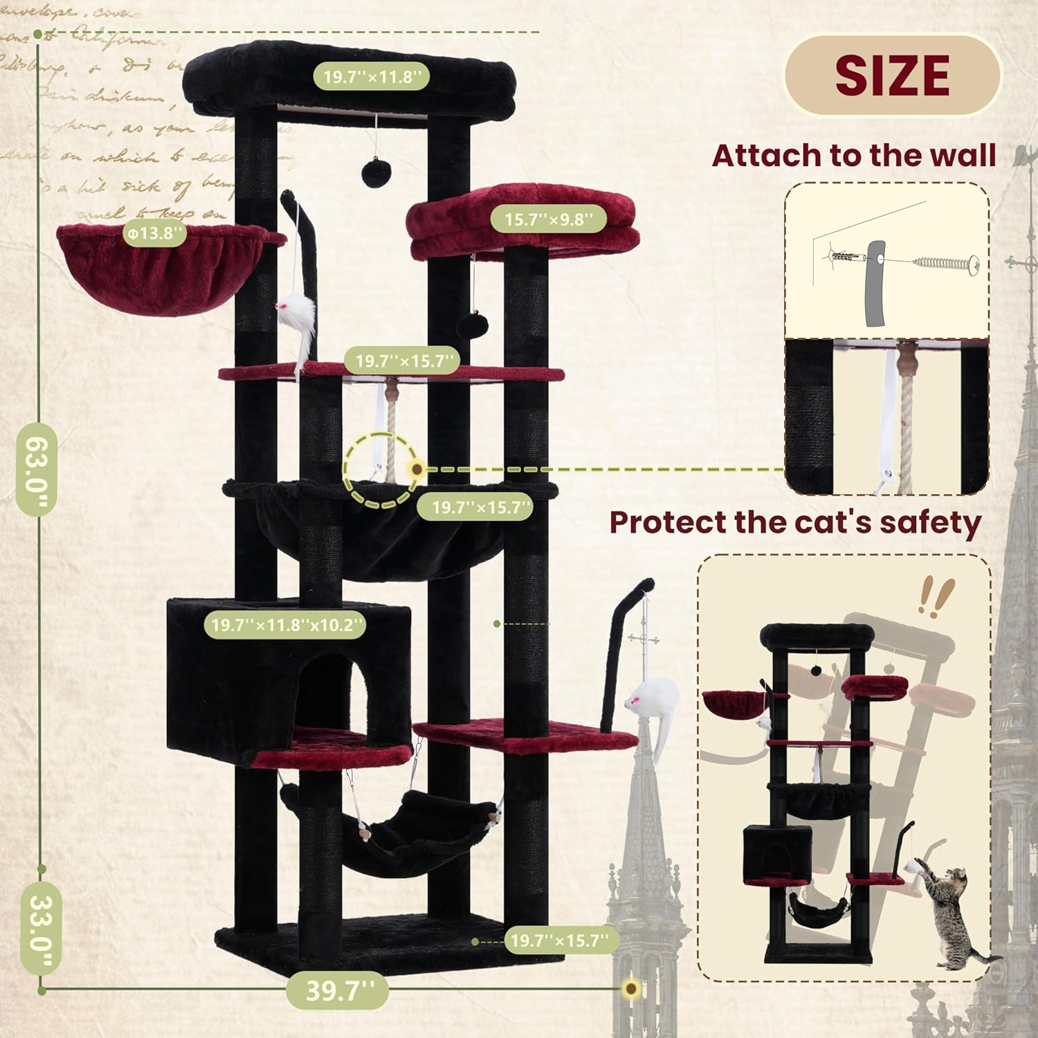 Gitelsnour Cat Tree, Cat Tower for Large Cats with 2 Big Platforms, 2 Baskets, Condo and Toys, 160Cm Cat Scratching Posts for Indoor Cats, Black and Red GCT020BR - Light Gray image number 6