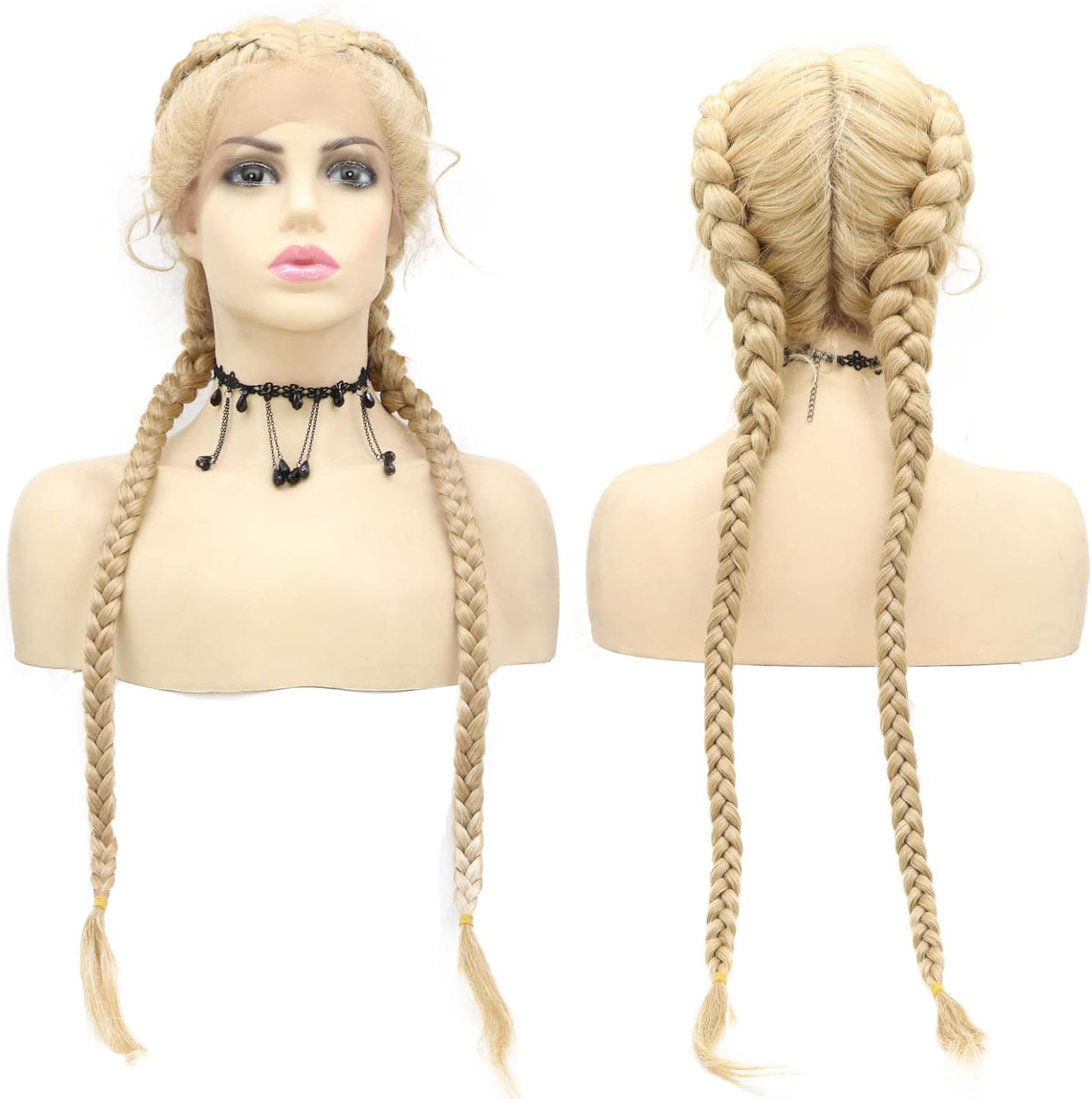 613 Blonde Synthetic Double Braid Lace Front Wig with Baby Hair Natural Looking Long Braided Wigs for Black Women Glueless Heat Resistant Fibre Handmade Twist Braids Hair image number 1