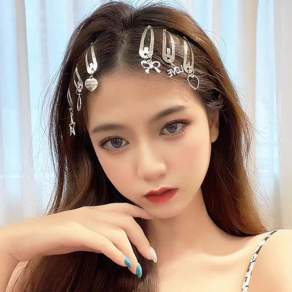 Metal Snap Hair Clips Barrettes for Women Thick Thin Hair Snap Clips Circle Heart Star Silver Hair Barrettes for Women Girls Punk Hair Clip Bow Hairpin 6Pcs image number 1