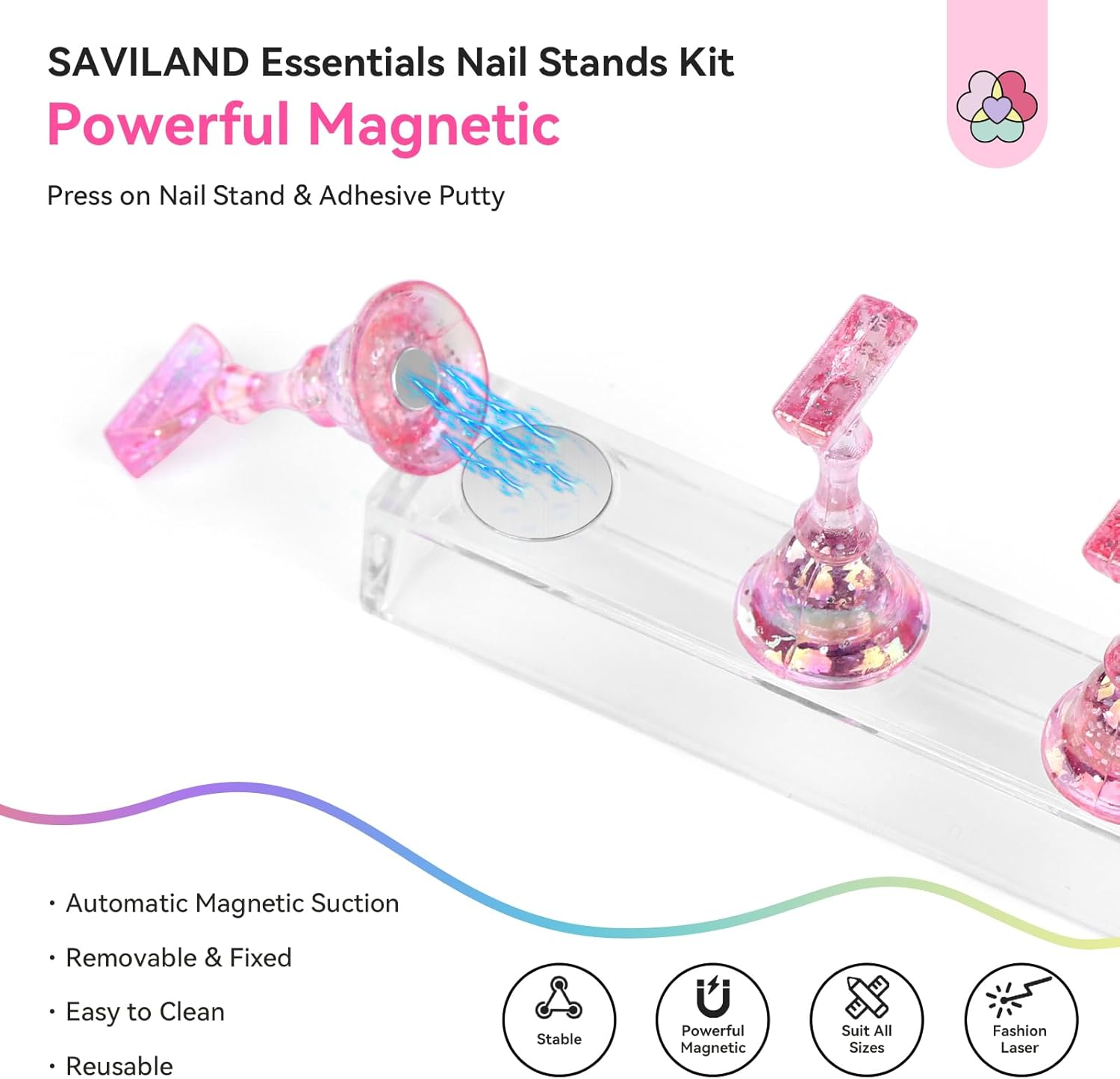 SAVILAND 3 Set Essentials Nail Stand for Press Ons: Powerful Magnetic Nail Art Stand for Painting Nails Starter Practice Fake Nails Press on Nails Holder Stand 40 Pcs Reusable Adhesive Putty Home Use image number 4