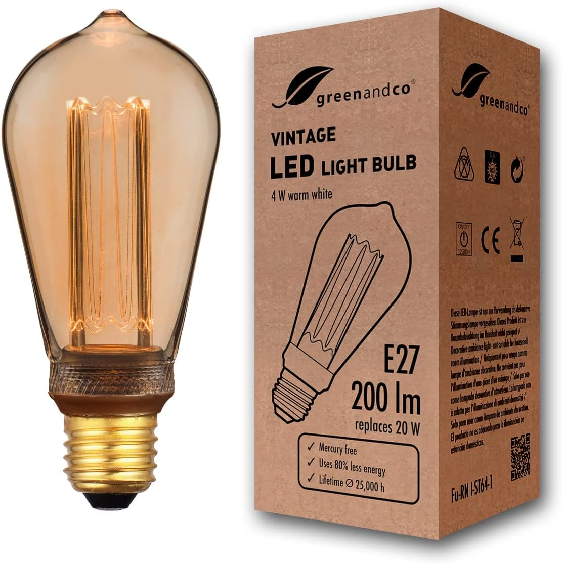 Greenandco Vintage Style Edison Decorative LED Bulb | 1800K Extra Warm White | 320&deg; | 230V | No Flicker | E27 ST64 | Gold | 4W 200Lm | Non-Dimmable image number 3