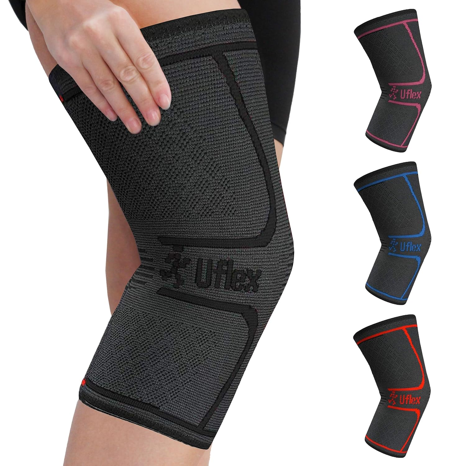 Uflex Athletics Knee Compression Sleeve Support for Women and Men - Knee Brace for Pain Relief, Fitness, Weightlifting, Hiking, Sports - Black, Medium