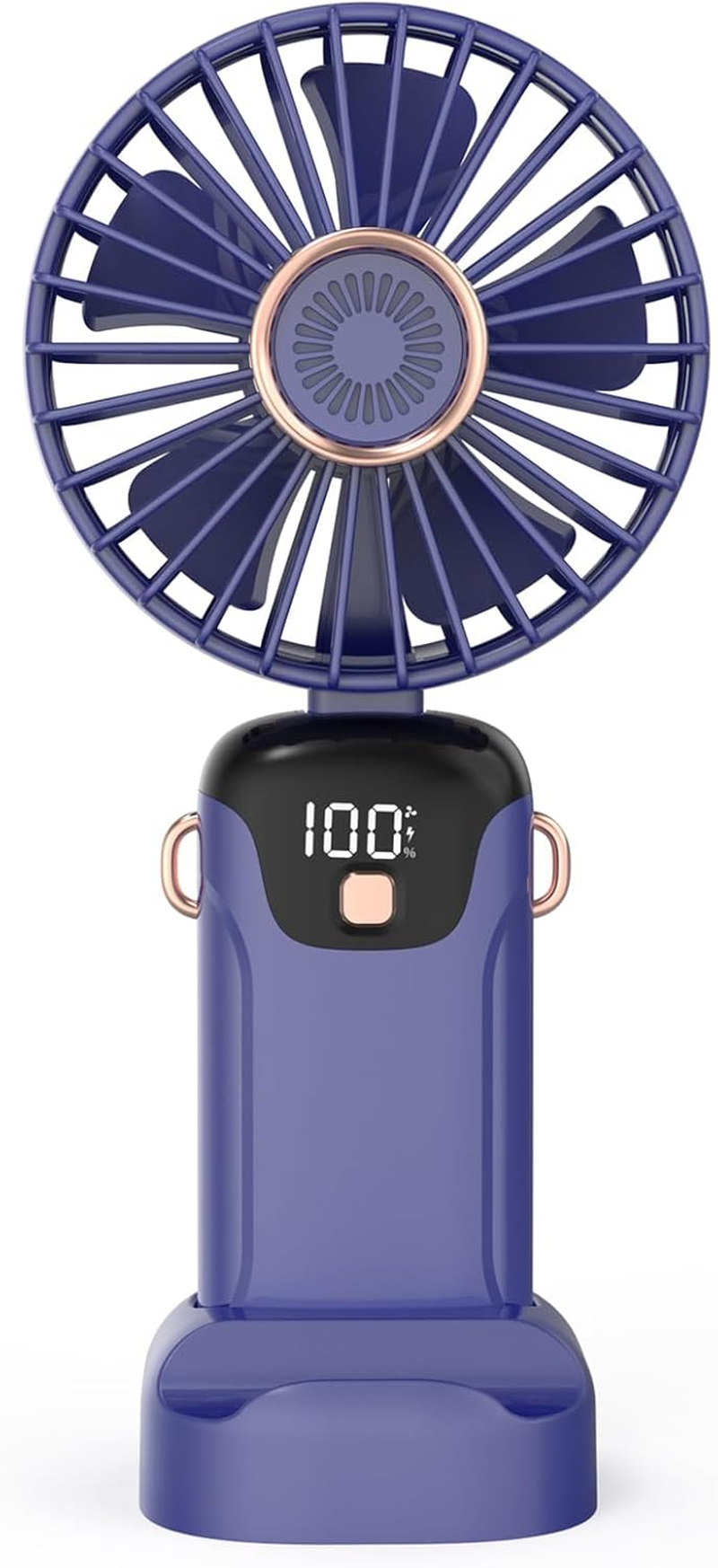 Handheld Fan, Portable Fan, USB Rechargeable Personal Fan, 90&deg; Foldable Mini Desk Fan, 5 Wind Speeds, LED Digital Display, Lanyard Can Be Used as Neck Fan Suitable for Office/Travel/Outdoor Use （Bule）