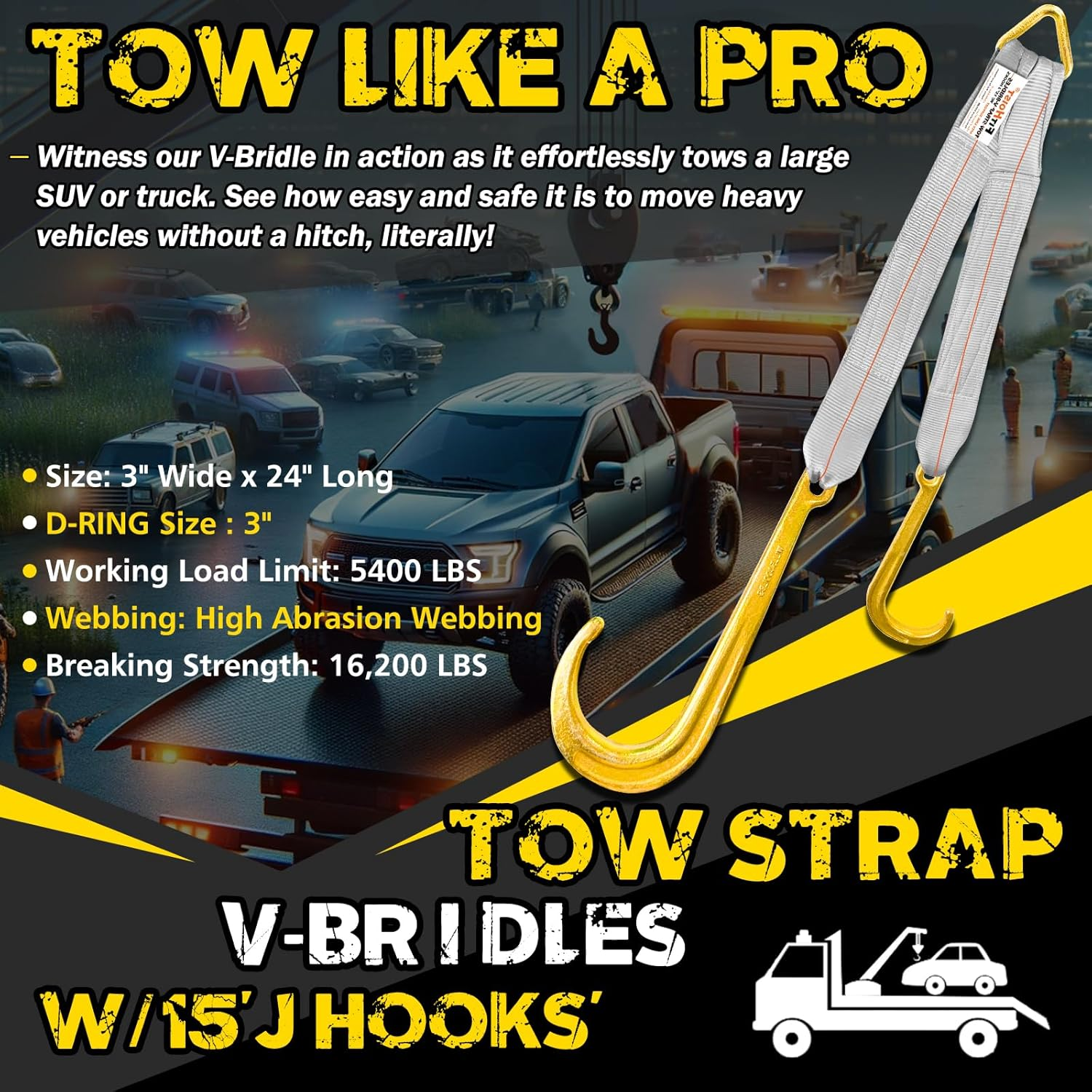 FITHOIST Tow Straps V Bridle 3" X 24" with 15" J Hooks 5400 Lbs