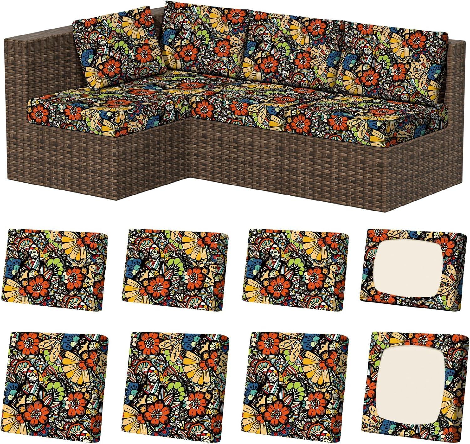 8Pcs Stretch Patio Cushion Covers, Outdoor Couch & Sofa Replacement Slipcovers for Patio Furniture Cushion Covers, Washable Reusable Furniture Protector, Square-Large, Petrol-Blue