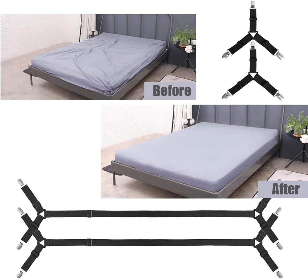Elastic Crisscross Fitted Sheet Straps with Triangle Clips, 6 Piece Bedsheet Fastener Suspenders and Grippers, Crisscross Fitted Sheet Clips Holder Elastic Bands Bedsheet Fasten Suspenders Grippers image number 2