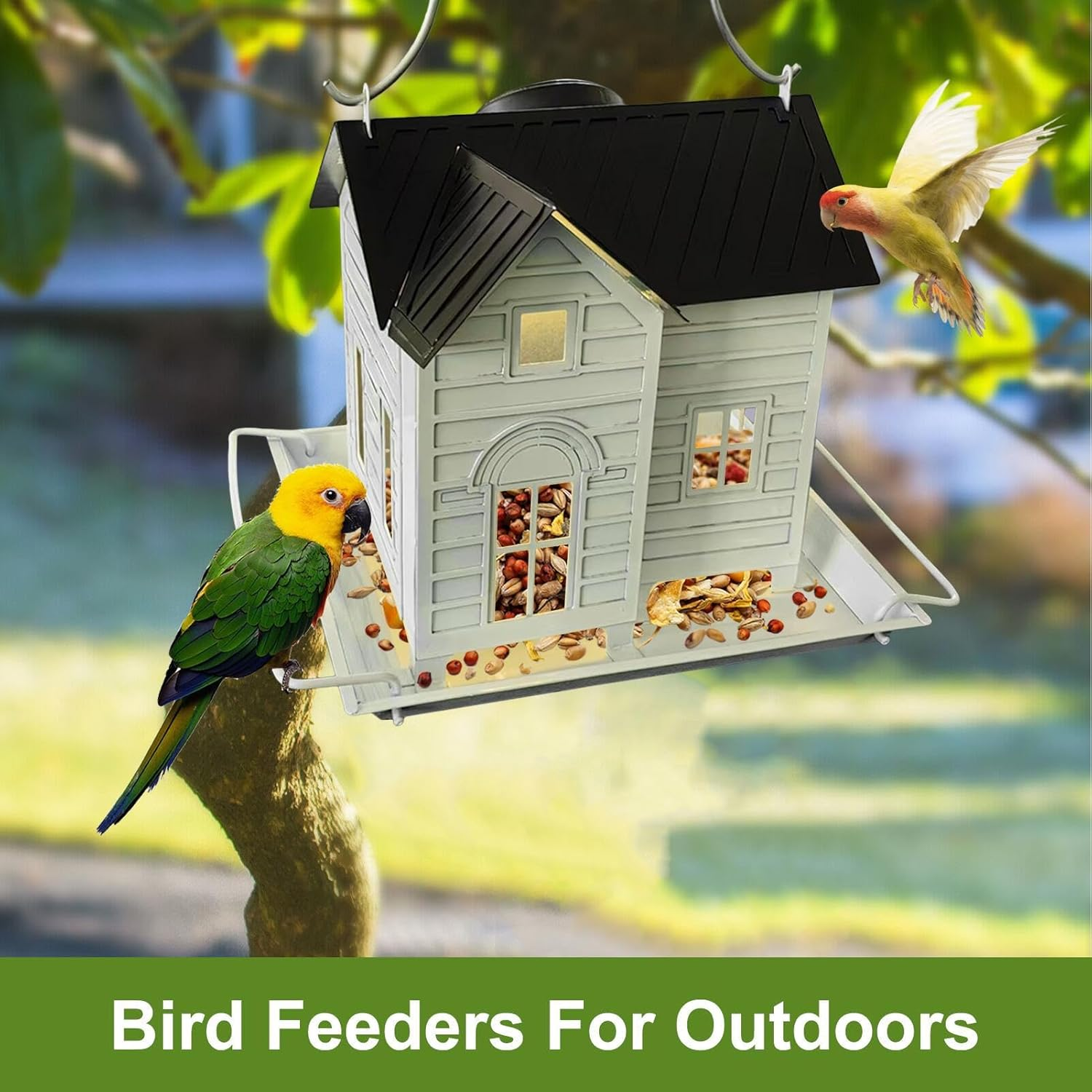 Bird Feeder for outside - Metal Finch Food Dispenser with Solar Powered Lantern - Bluebird Feeding Supplies for Garden, Farmhouse, Backyard, Balcony - Solar Model image number 4