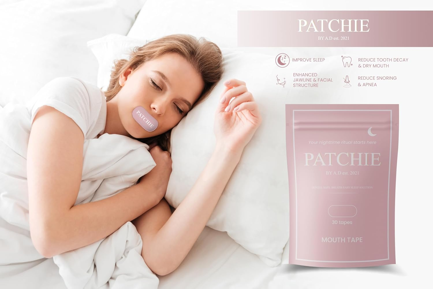 Mouth Tape for Sleeping Bundle - 30 Mouth Tape Strips + 5 Nasal Strips for Sleeping, Sleep Better Kit, Breathable Gentle Mouth Tape, Hypoallergenic Mouth Tape for Snore Relief (Pink). PATCHIE by A.D EST. 2021 - Pink image number 3