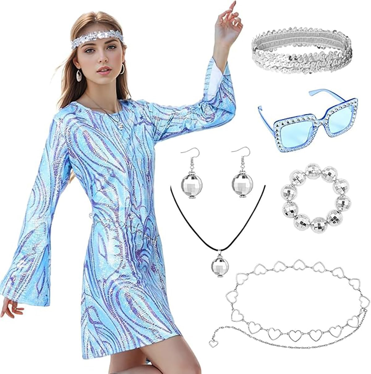 Hippie Costume Women 70S 80S Costume Women 8 PCS Hippie Costume Set 70S Disco Costume Women Fancy Dress Cosplay Carnival Party