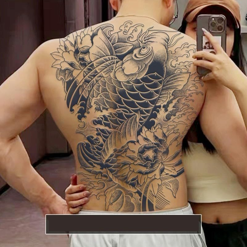 2 Pcs Herbal Temporary Tattoo Stickers Waterproof for Men and Women Long-Lasting Semi-Permanent Full Back Carp Koi Juice Simulation Tattoo image number 1