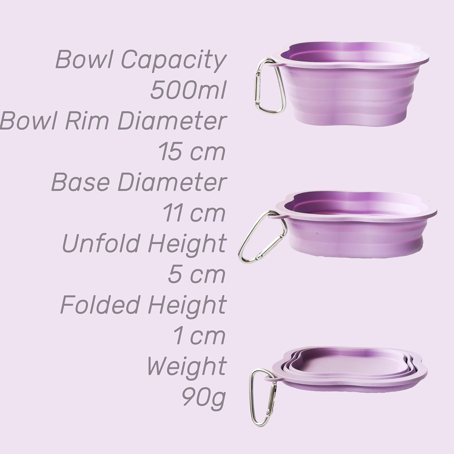 Silicone Collapsible Dog Bowl 500Ml - Portable Foldable Travel Bowl with Carabiner Clip for Camping/Hiking (Fits Pets 5-50Kg) (Purple)