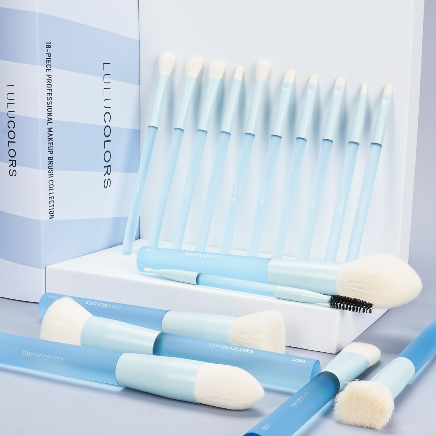LULUCOLORS 18-Piece Light Blue Professional Makeup Brush Set &ndash; Translucent Rubberized Handles, Soft Synthetic Bristles for Face & Eye Makeup &ndash; Includes Travel Bag & Sponges,Complete Brush Collection - 18 Pcs Multicolor image number 7