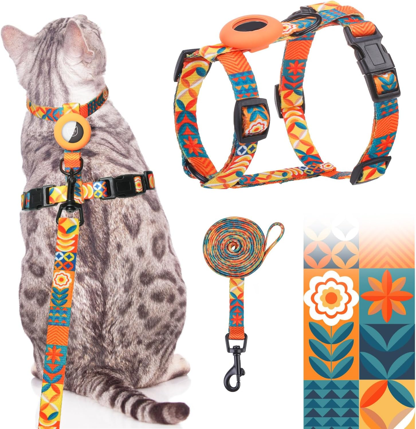 SCENEREAL Cat Harness and Leash Set Escape Proof with Airtag Holder, Reflective Pet Harnesses for Walking, Adjustable Kitty Vest Soft Harness Outdoor Indoor, Cute Travel Boys Girls Small Large Cats