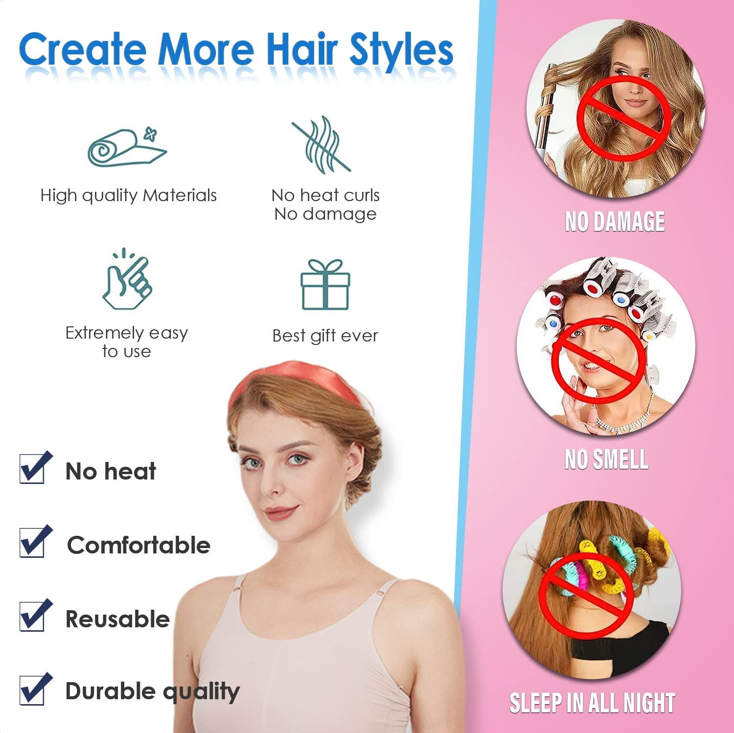 Satin Heatless Curler Set, Soft No-Damage Pearl Cotton Curling Rod Headband for Long Hair, Overnight Styling Tool with 2 Hair Loops DIY Rollers (Blue) - Pink image number 3