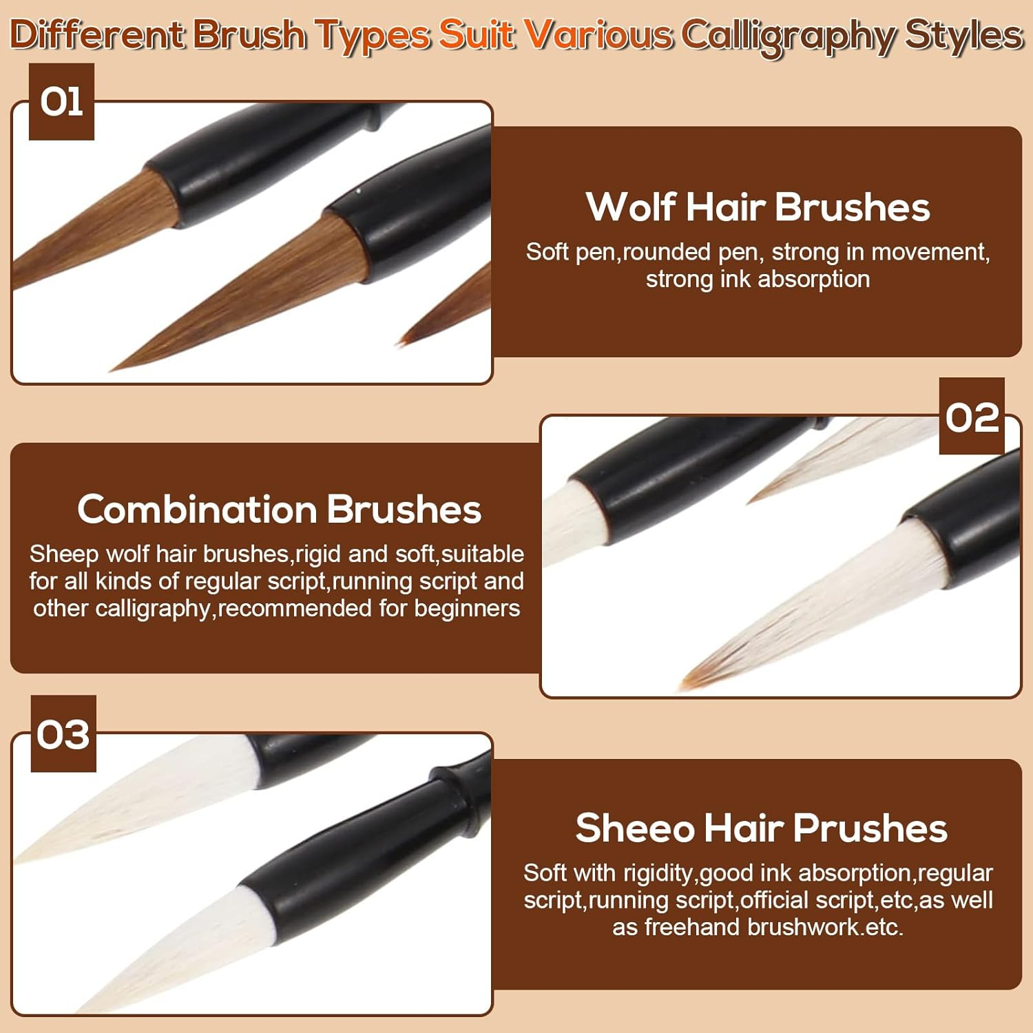 Zvorgath 9 Pack Chinese Calligraphy Writing Brush - Painting Drawing Professional Chinese Kanji Art Ink Brush for Calligraphy Enthusiast (Light Brown) image number 4