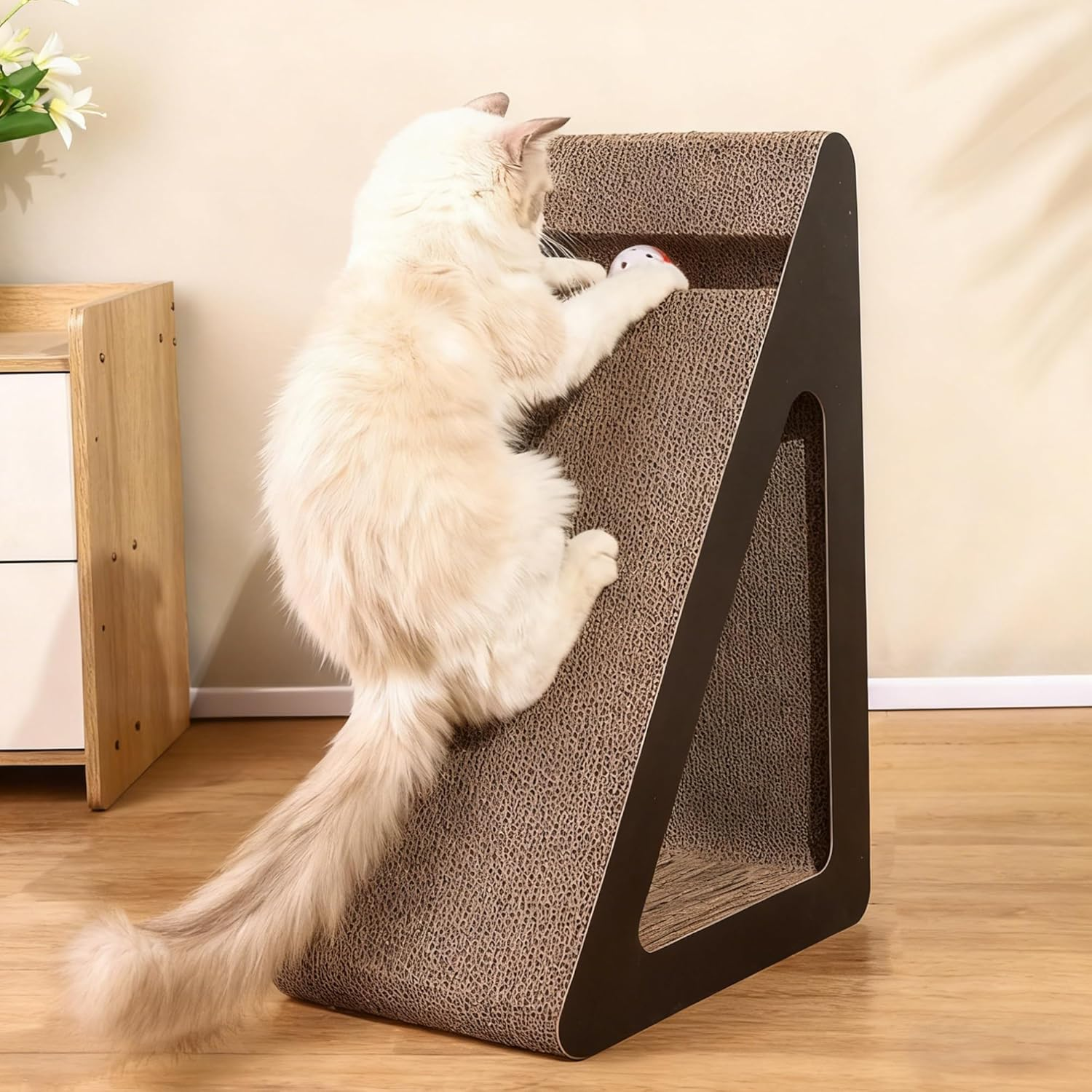 Triangle Cat Scratcher Lounge with Interactive Ball, Reversible Scratching Pad & Resting Bed for Indoor Cats, 38Cm Large Corrugated Cardboard Toy image number 6