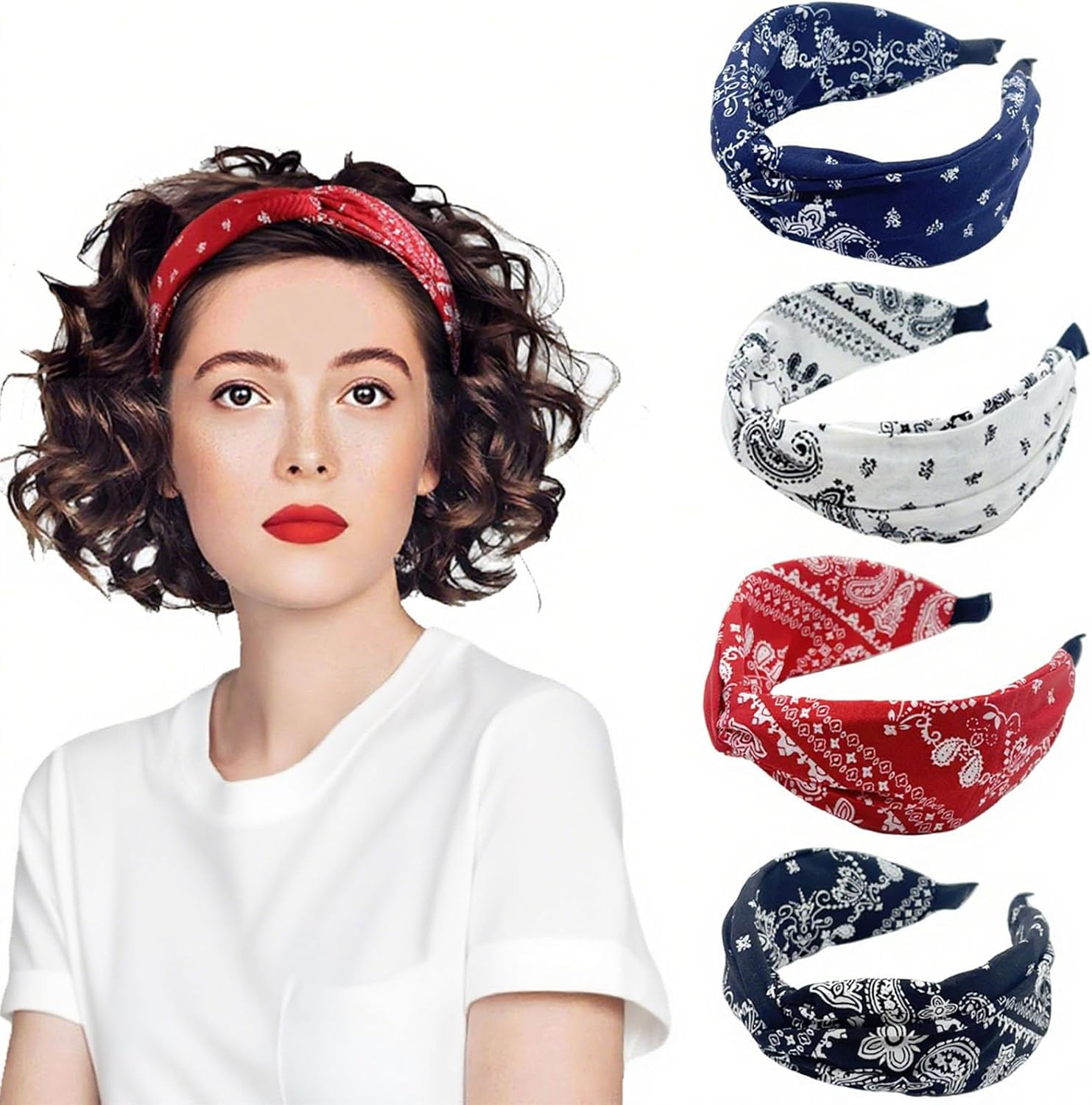 Pack of 4 Wide Paisley Headbands, Women'S Hair Bands with Knots, Vintage Rockabilly Headbands, Wide Knot Turban, Elastic Hair Bands, Non-Slip Hair Accessories, Hair Accessories for Women and Girls image number 6