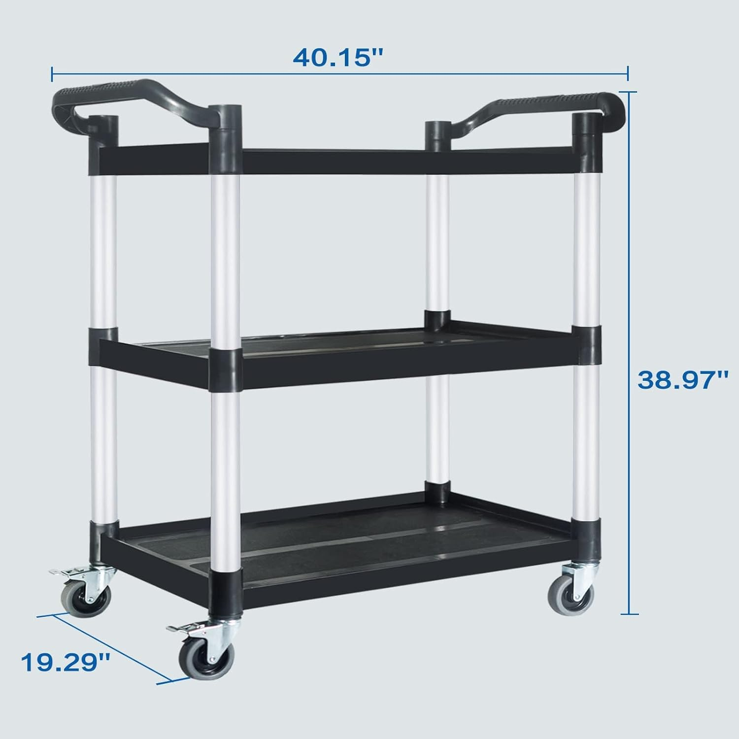 3 Tier Utility Service Catering Carts, Restaurant Kitchen Food Serving, with Wheels (2 with Brakes), Large Shelf Storage, Duty Heavy Cart Trolley for Bar、Salon、Warehouse、Office(Black image number 5