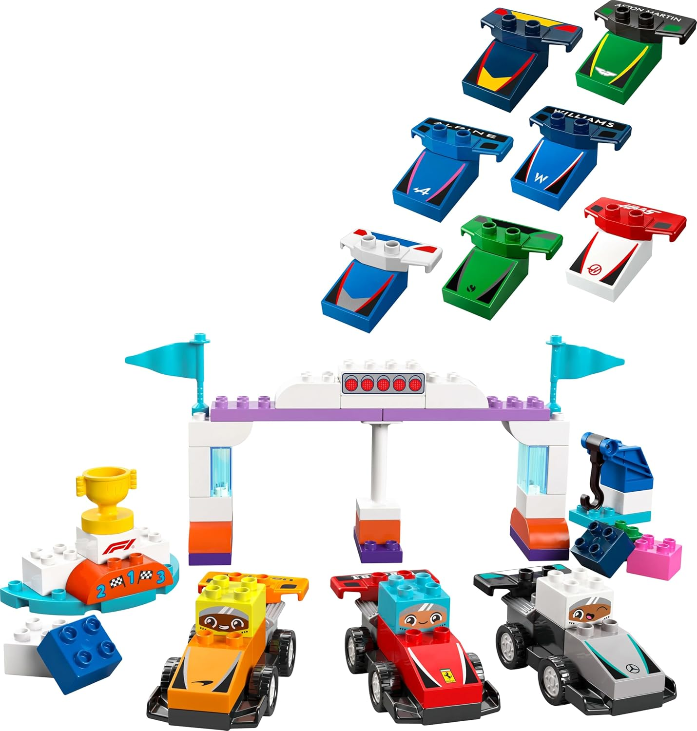LEGO DUPLO F1 Team Race Cars & Drivers Building Set with 10 F1 Toy Cars and a Crane, Formula One Kids Vehicle Playset for 2 plus Year Old Toddlers, Boys & Girls, Helps Build Fine Motor Skills 10445 image number 1