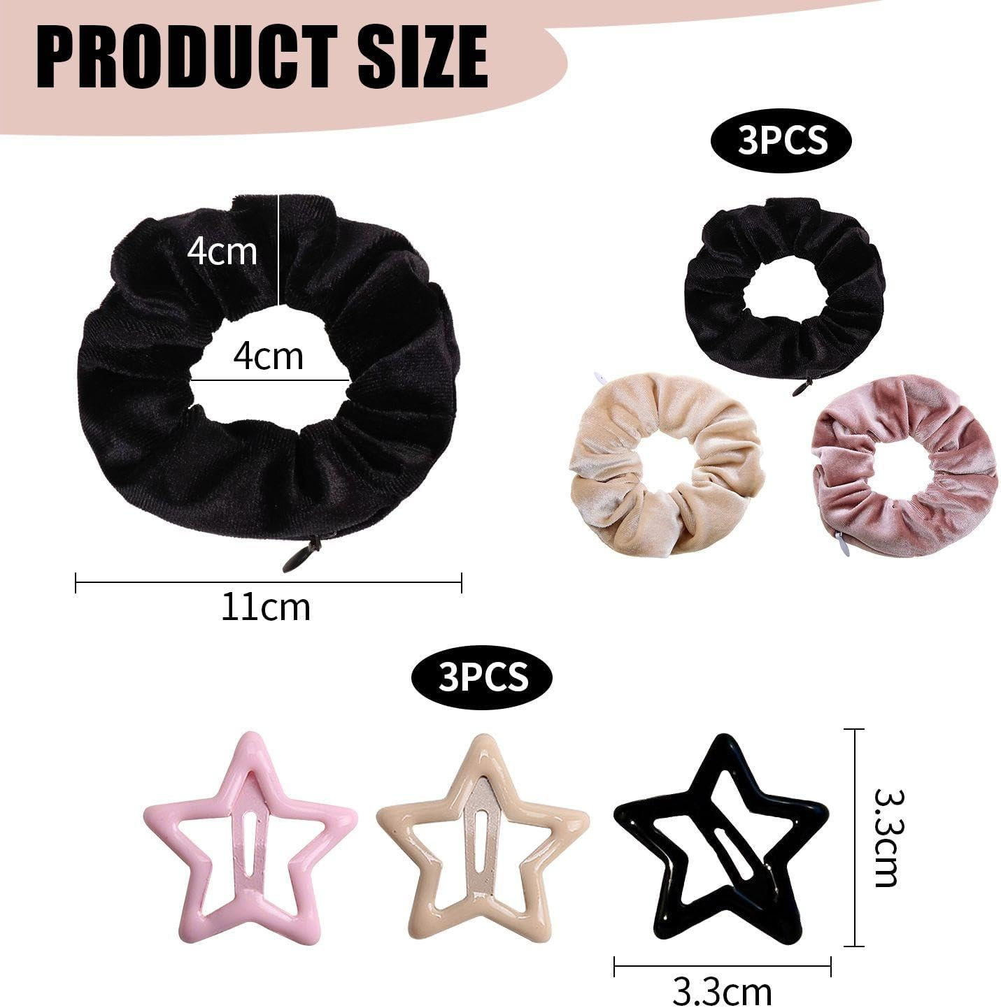 Pack of 3 Simple Velvet Hair Loops, 3 Pieces Star Hair Pins, Fashionable Ponytail Hair Accessories, Elastic Hair Rope, Cute Children'S Hair Pin