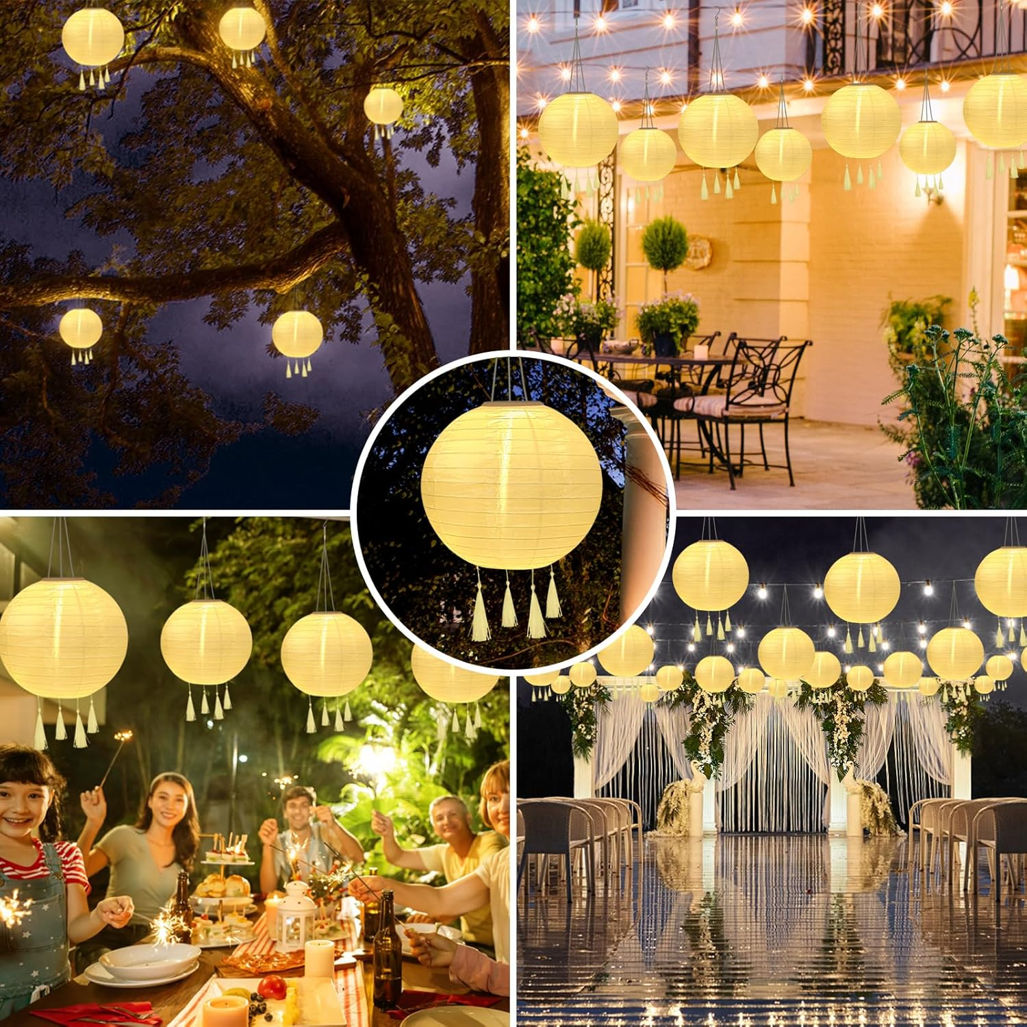 YIFMOO Solar Lanterns, Pack of 2 20 Cm Solar Lanterns, Outdoor Weatherproof, LED Waterproof Lantern with 4 Tassels, Hanging Nylon Lantern for Gardens, Yards, Balconies, Wedding Decoration (Warm White) image number 1