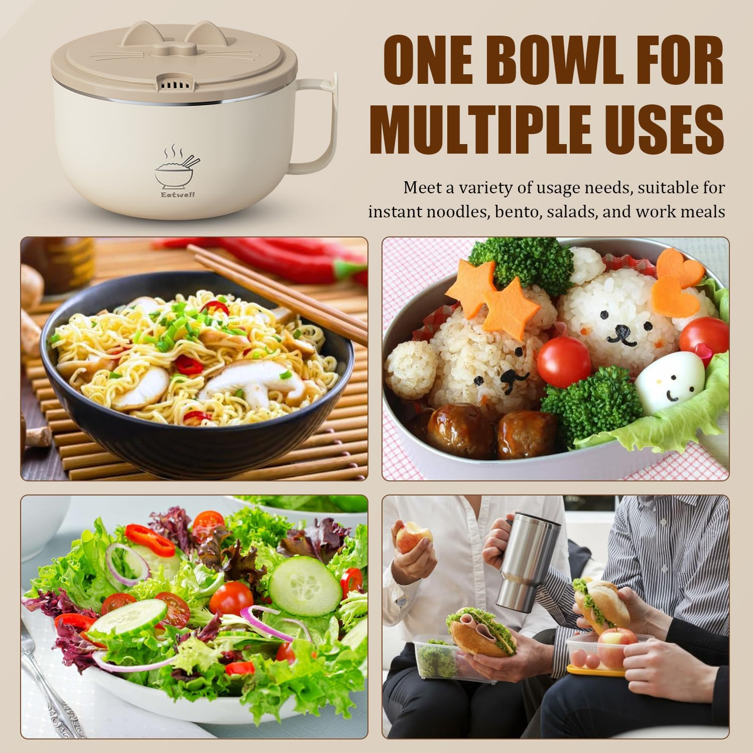 Ramen Bowl Set Noodle Bowls with Lid and Handles, Stainless-Steel Bowls with Drain Hole, Multifunctional Bowl Sets, BPA Free and Dishwasher Safe for Office College Dorm Room Instant Cooking - Beige image number 4