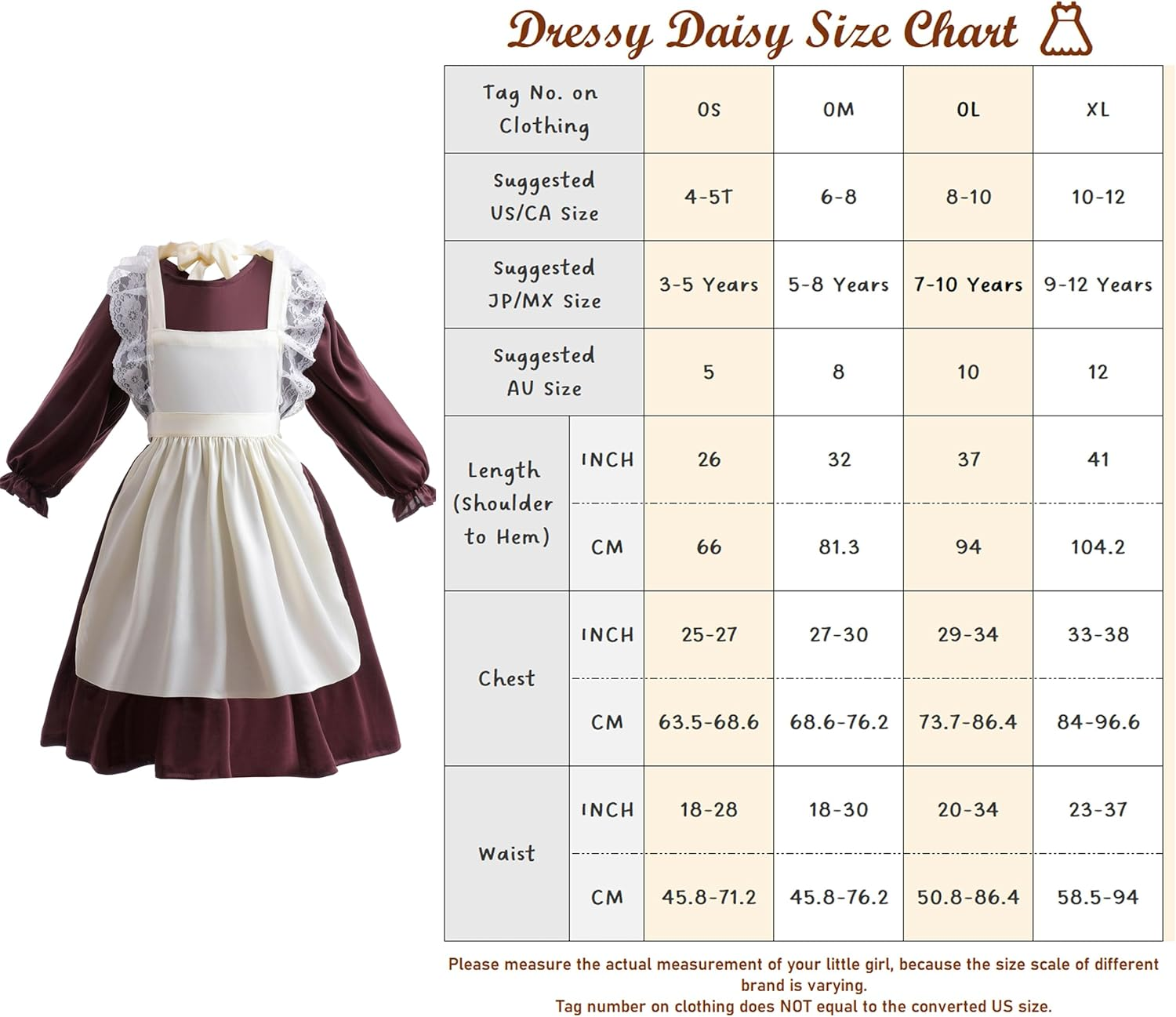 Dressy Daisy Pioneer Colonial Prairie Maid Dress Costume Clothing with Apron and Bonnet Mob Cap for Toddler Little Girls, Brown image number 2