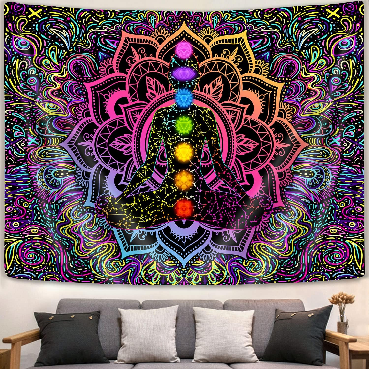 Seven Chakra Bohemian Mandala Spiritual Tapestry - Psychedelic Trippy Wall Hanging for Yoga, Meditation, Boho Studio, Bedroom, Living Room, Dorm - 60 X 40 Inch image number 1