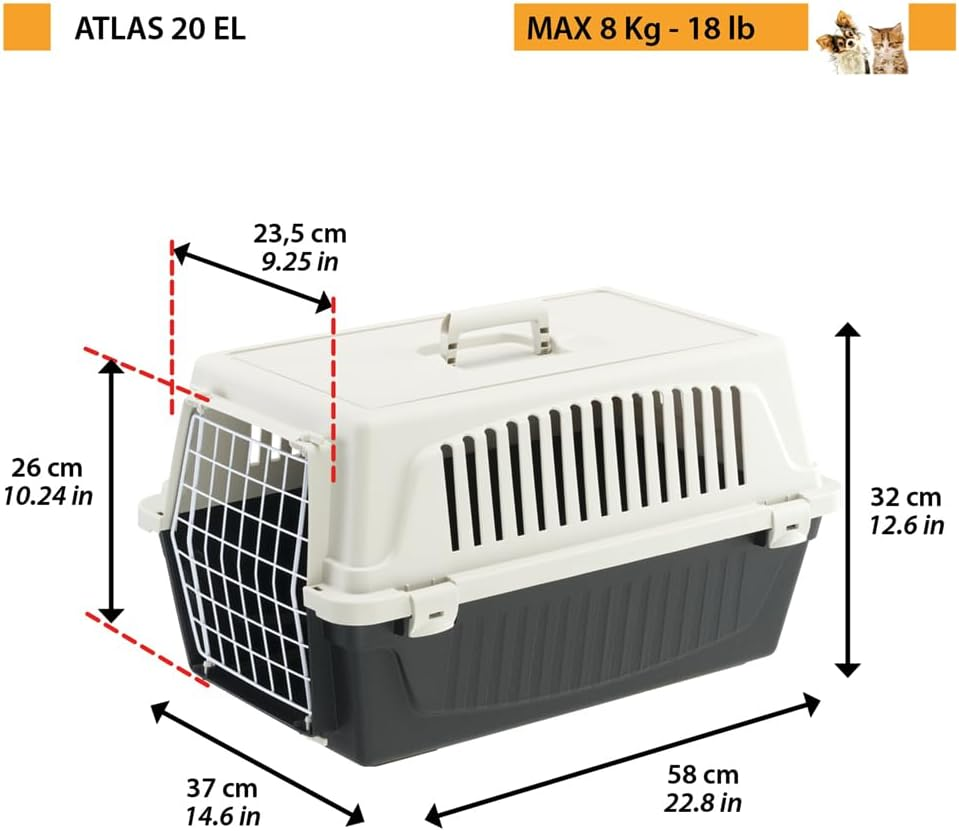 Ferplast Rigid Carrier for Small-Sized Dogs and Cats Atlas 20 EL, Pet Transport Box, Sturdy Plastic, Plastic-Coated Steel Door, Ventilation Grills, 37 X 58 X H 32 Cm Black