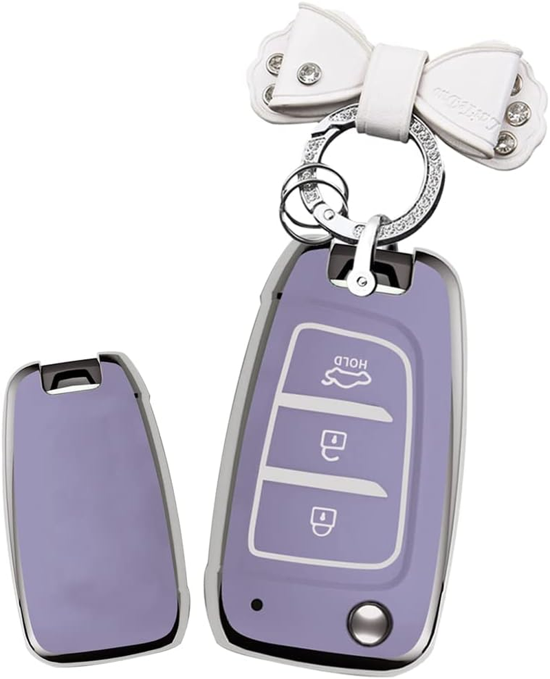 HIBEYO Flip 3 Button Key Fob Cover for Hyundai Elantra Solaris 2 Tucson I30 I35 I40 Ix35 Kona Genesis Santa Fe Azera Verna Accent Celesta Sonata Car Accessories with Keychain-Leather Key Chain(Purple)